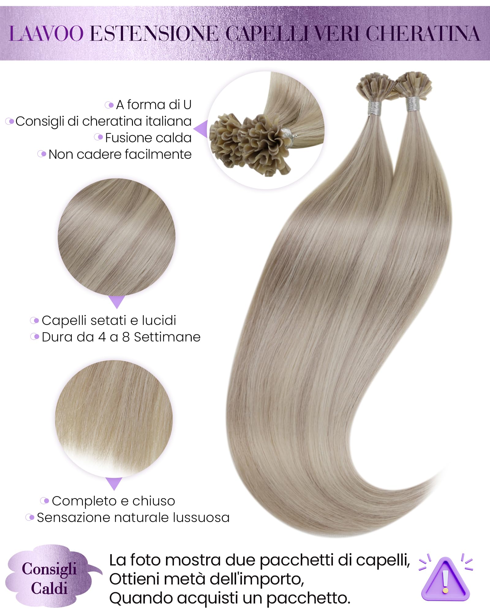 Totale 100g Extension Capelli Veri Cheratina con Extension Capelli Veri Biadesive Genius PU Trama Biondo Sporco con Highlight Biondo Candido 60cm