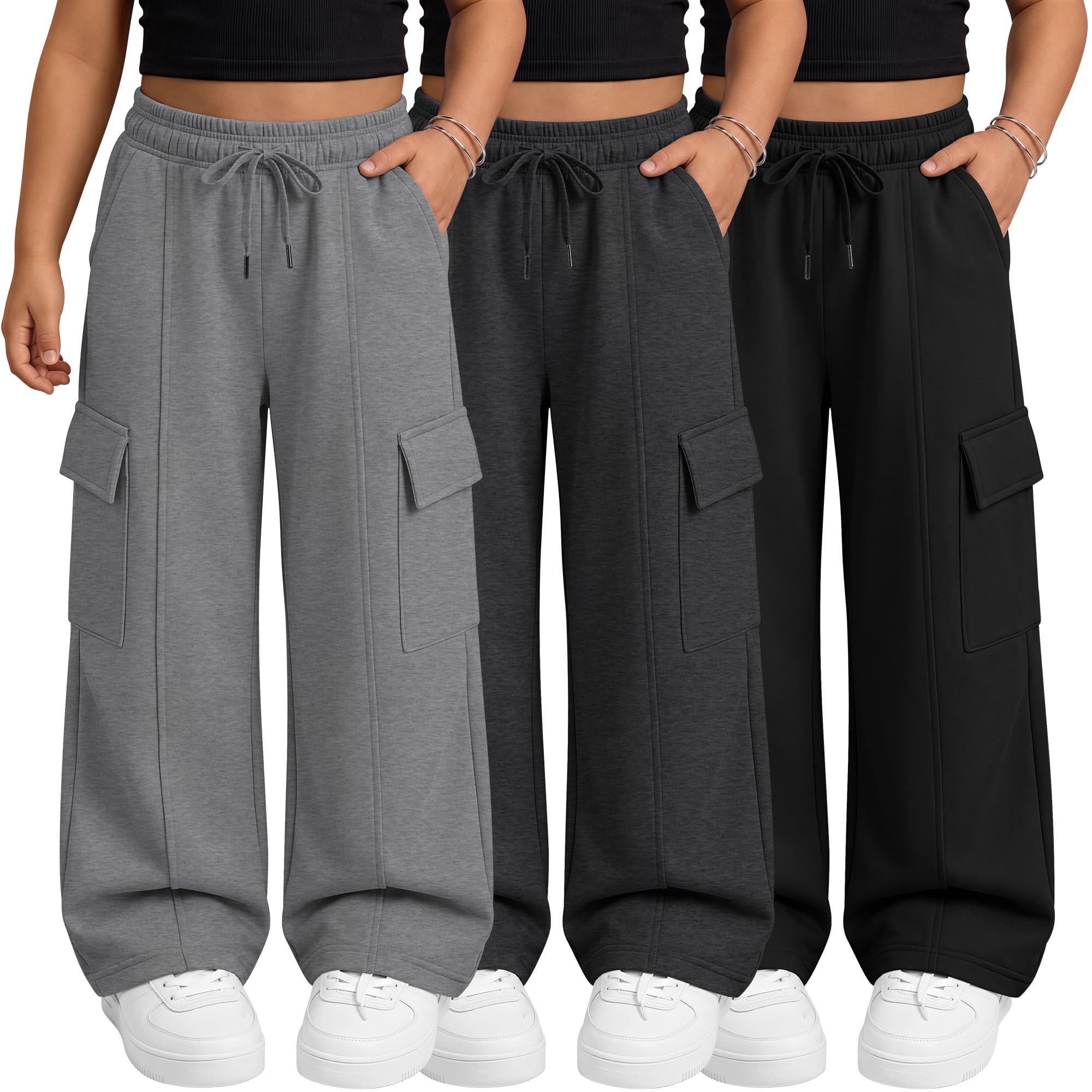 Mumucove 3 Pack Girls Cargo Sweatpants Baggy Wide Leg Pants | Kids Drawstring Pants, Soft Open Bottom Joggers, Multi Pockets, Teen Girl Clothes Age 5-14, School Casual Wear, Fall Outfits