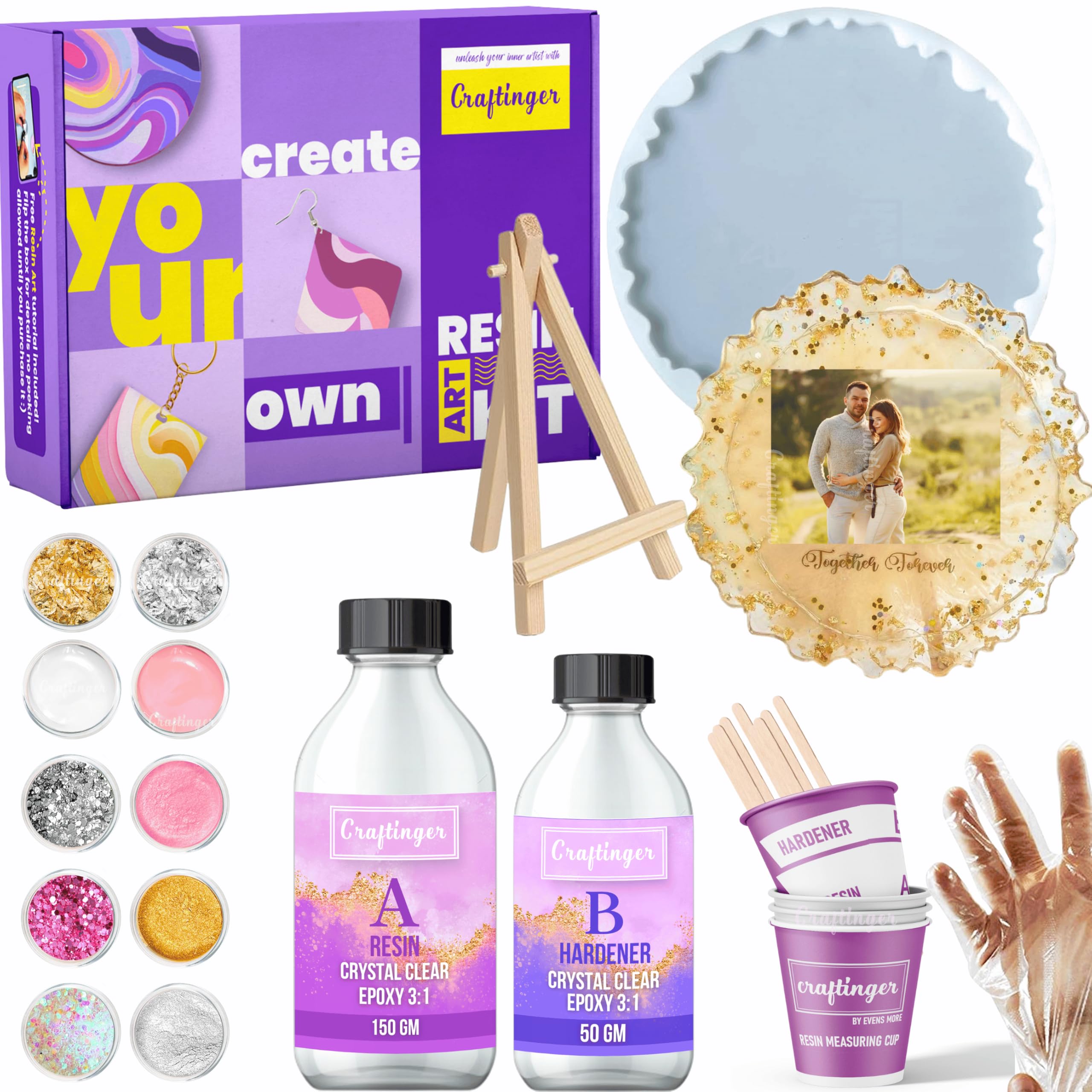 Craftinger Resin Art Photoframe Kit Lite with 300gm Resin & Wooden Stand, Colors and More