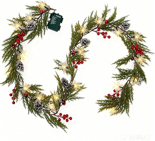 Christmas Garland Lights 6.56FT 20 Snow LED Pine Garland with Lights Battery Ope