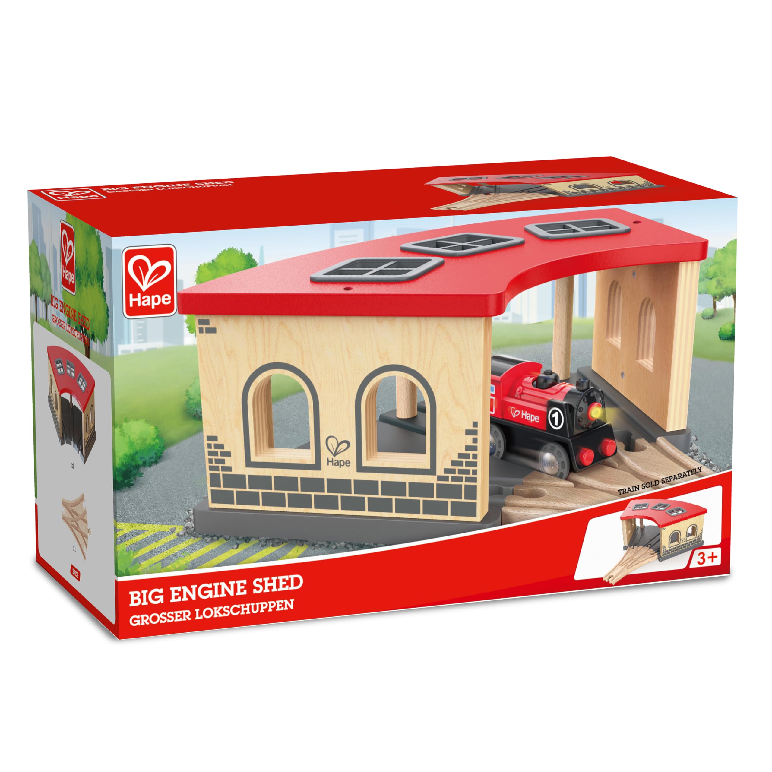 Hape Deposito dei Treni in Legno a 3 corsie - Accessorio Ferroviario Compatibile con Set per trenini Adatto dai 3 Anni in su