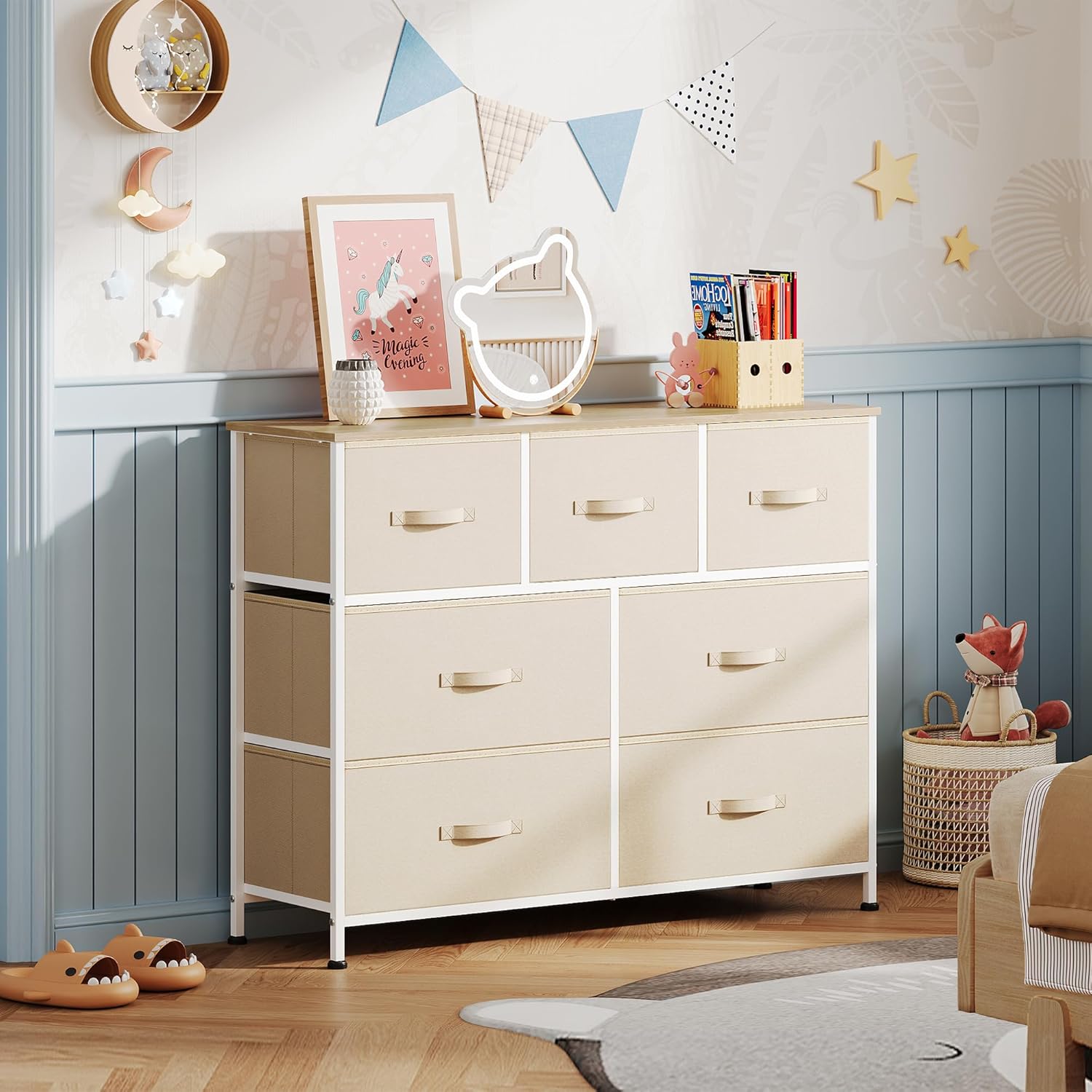 WLIVE 7 Drawer Dresser TV Stand, Entertainment Center, Media Console Table with Metal Frame and Wood Top for TV up to 45 inch, Chest of Drawers for Bedroom, Living Room, Cream White