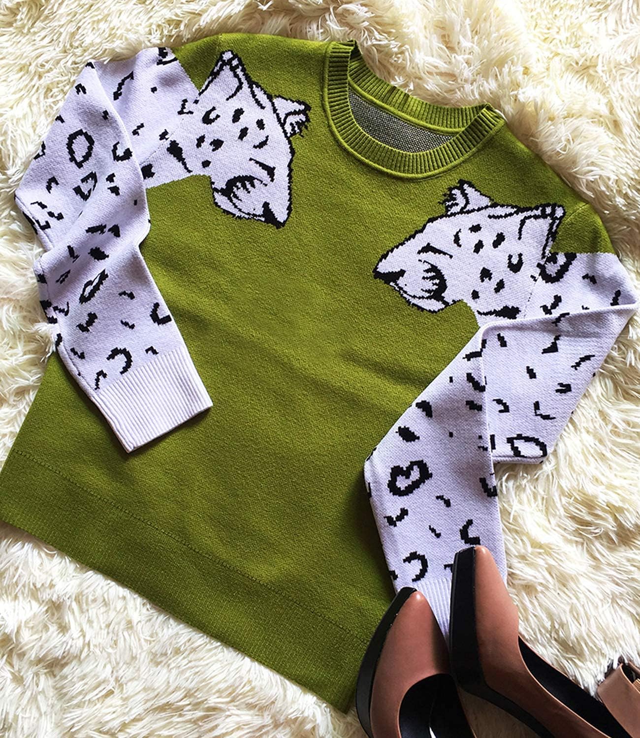 Mansy Women's Casual Long Sleeve Crew Neck Cute Animal Leopard Print Knitted Pullover Sweater Tops - Image 6