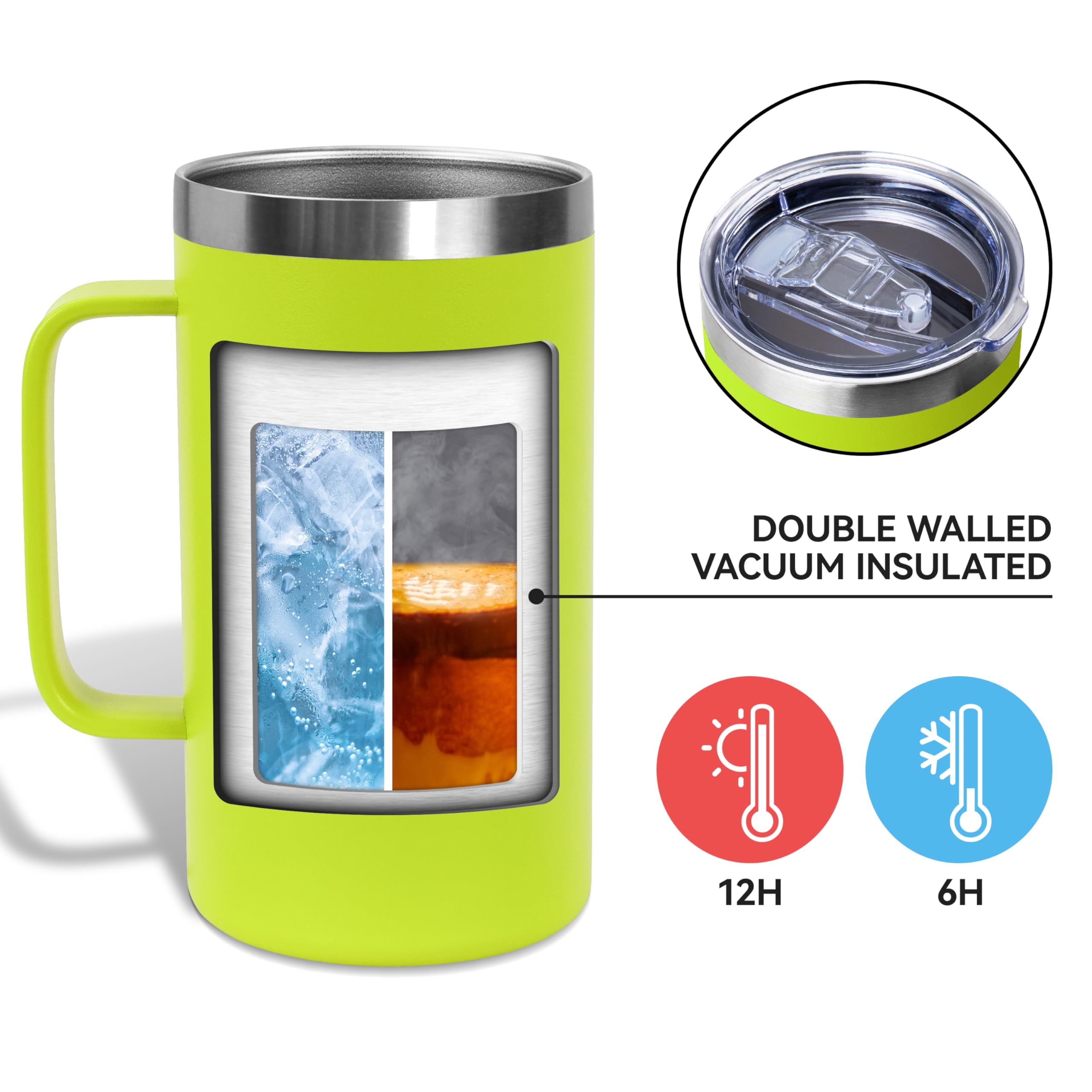 DOMICARE Taza de café de acero inoxidable de 24 onzas con asa y tapa, taza de viaje con asa, vaso de café al vacío de doble pared, taza aislada reutilizable, verde claro, paquete de 4