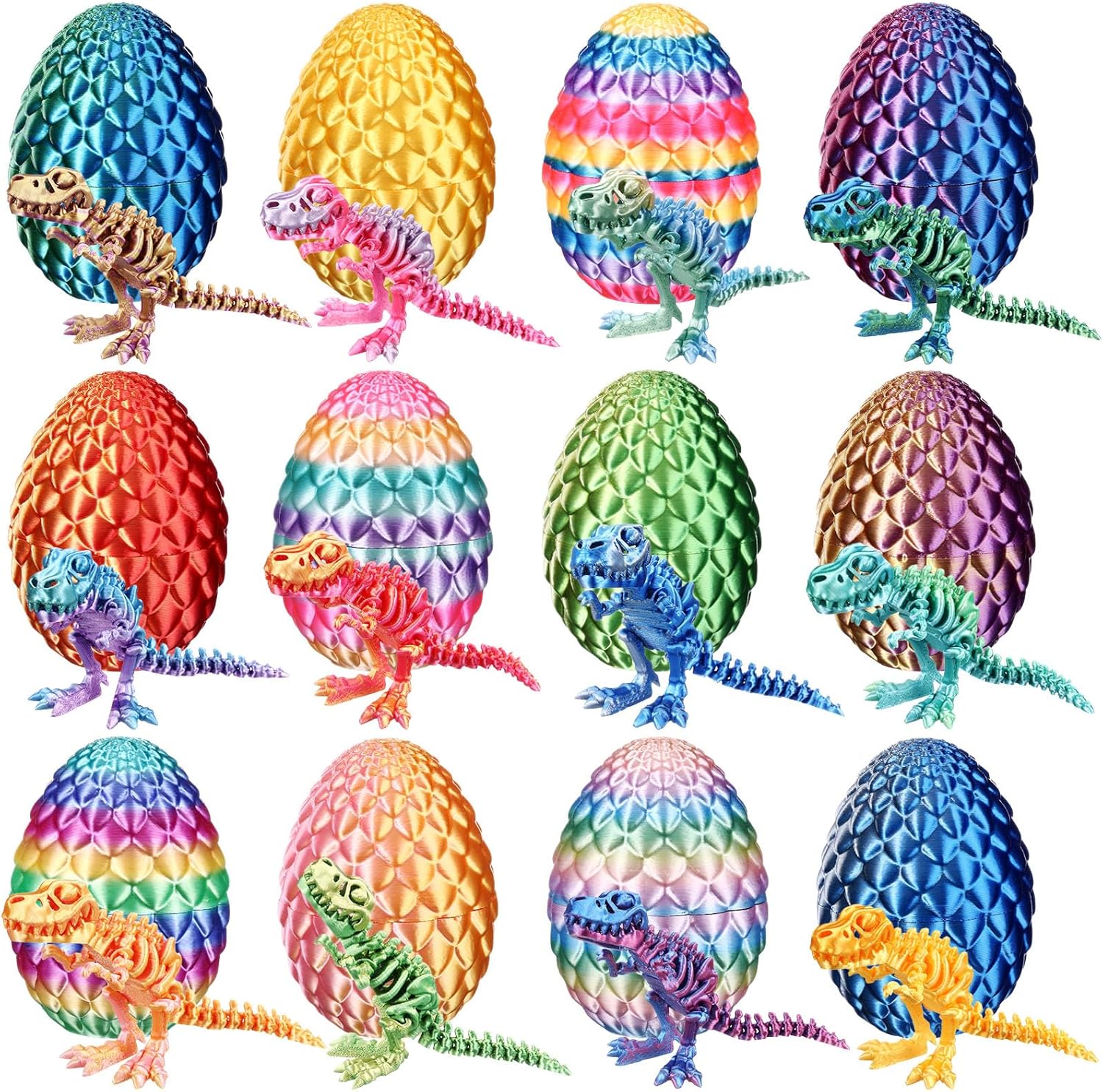 Honoson 12 Set 3D Printed Animals with Dragon Eggs 3D Printed Dragon Eggs Flexible Articulated Mini Animal Figurines Desk Pets for Party Favor Home Decor Easter Basket Stuffers(Tyrannosaurus Rex)