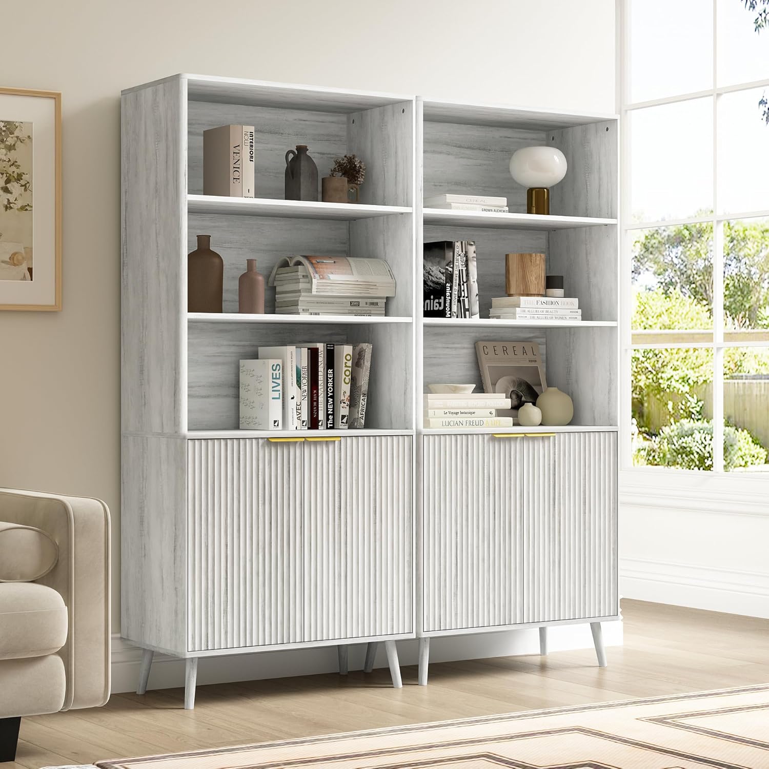 71" Fluted Tall Bookshelf Set of 2,3-Tier Bookcase with Storage Cabinet,Freestanding Wood Bookshelf with Magnetic Door and Adjustable Shelf,Pantry Cabinet with Metal Handles for Kitchen,White