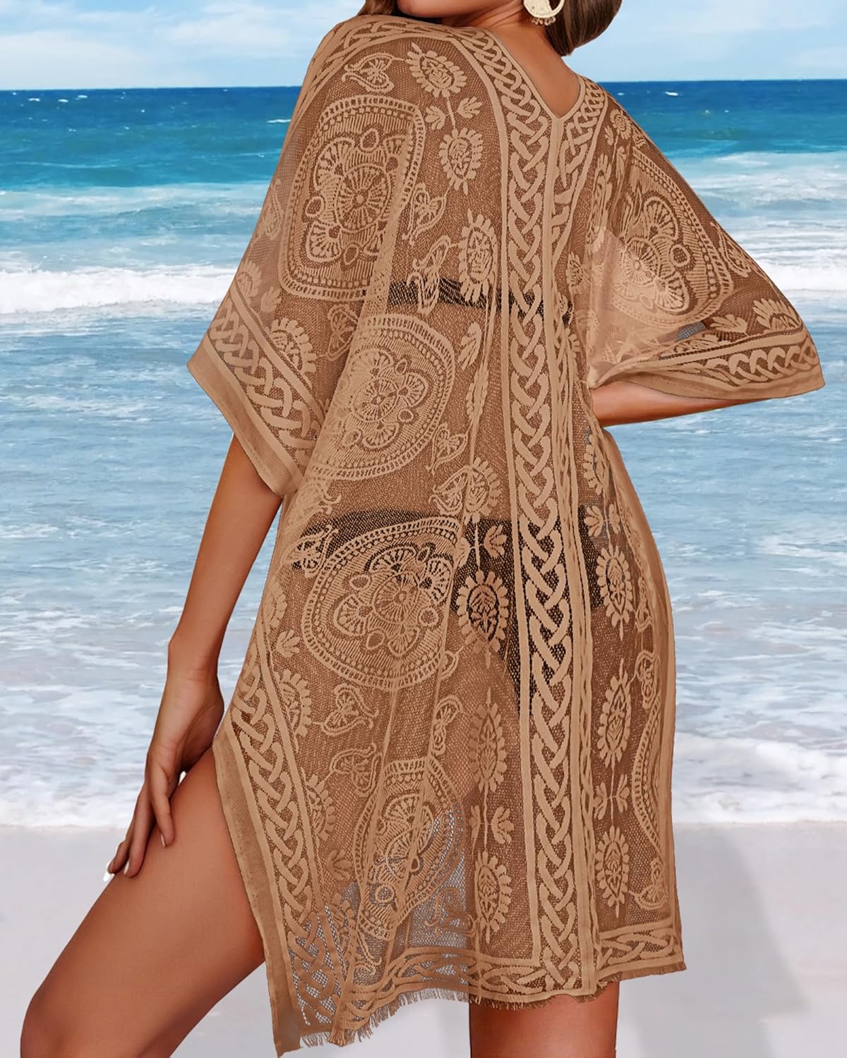 Womens Lace Bathing Suit Cover Up V Neck Swimsuit Coverup Summer Swim Coverups Loose Bikini Beach Dress - Image 5