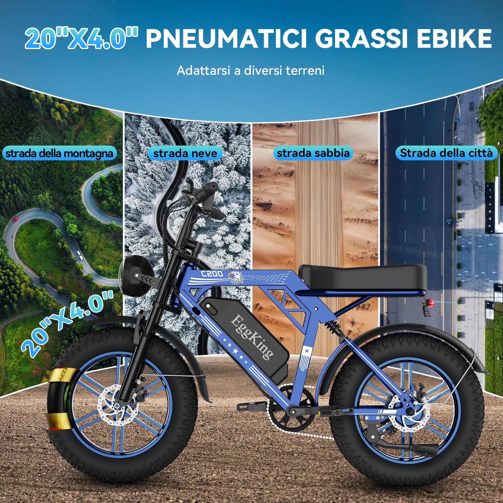 EGGKING Bicicletta Elettrica 20" x 4" Fat Tire, Autonomia 60-80 Km, Doppia Sospensione e 7 Velocità, E-Bike per Adulti, Batteria Rimovibile 48V 17.5 Ah, Display e Controllo APP