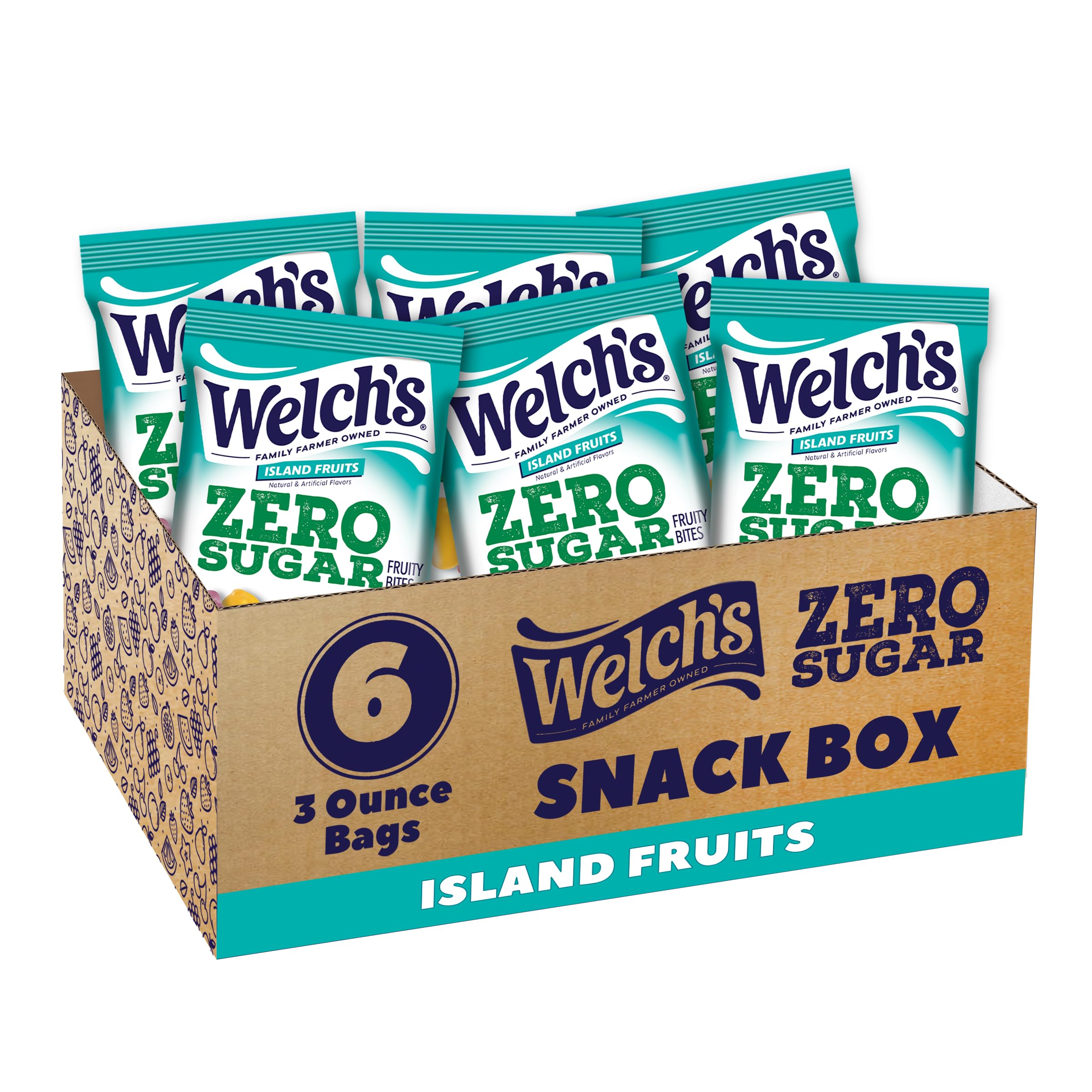 Welch's Zero Sugar Fruity Bites, Island Fruits Snack Box, Gluten Free & Sugar Free Snacks, 3oz Snack Packs (Pack of 6)
