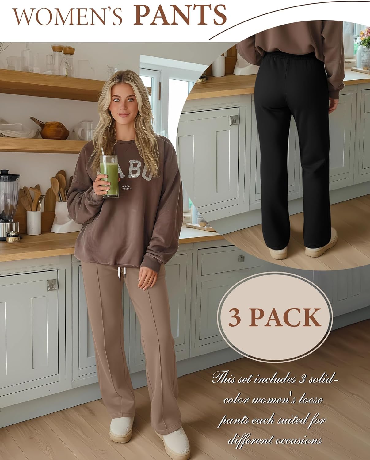 3 Pack Women's Wide Leg Sweatpants High Waisted Drawstring Casual Loose Pants Yoga Workout Joggers with Pockets - Image 2