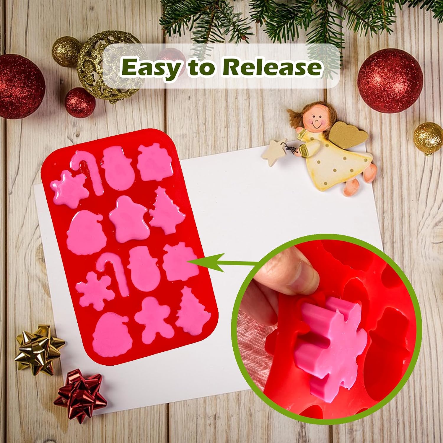 Christmas Silicone Chocolate Molds, 2 PCS Candy Baking Moulds,3D Xmas Tree Snowflake Cane Gingerbread Man Snowman Santa Claus Shape Mold Candy for Chocolate Gummy Soap(Red and Green)