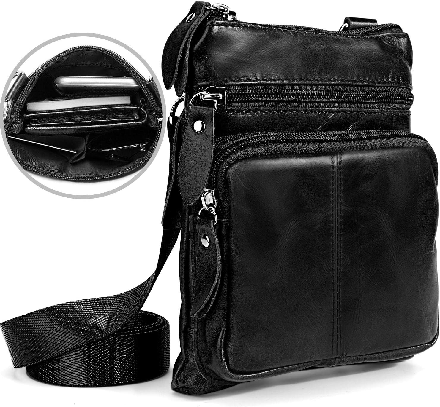 Leather Belt Bag, Messager Shoulder Cellphone Crossbody Money Genuine Leather Wallet Cellphone Belt Loop Holster Case Belt Waist Bag Travel Pouch Bag Pack Purse Wallet with Clip for Men - Black