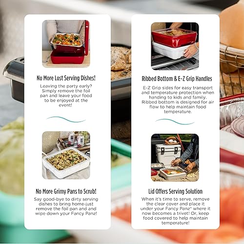 Vista 71 de Fancy Panz Bandeja clásica para servir alimentos, fabricada en los Estados Unidos, soportes apilables de aluminio con tapa transparente, cazuela