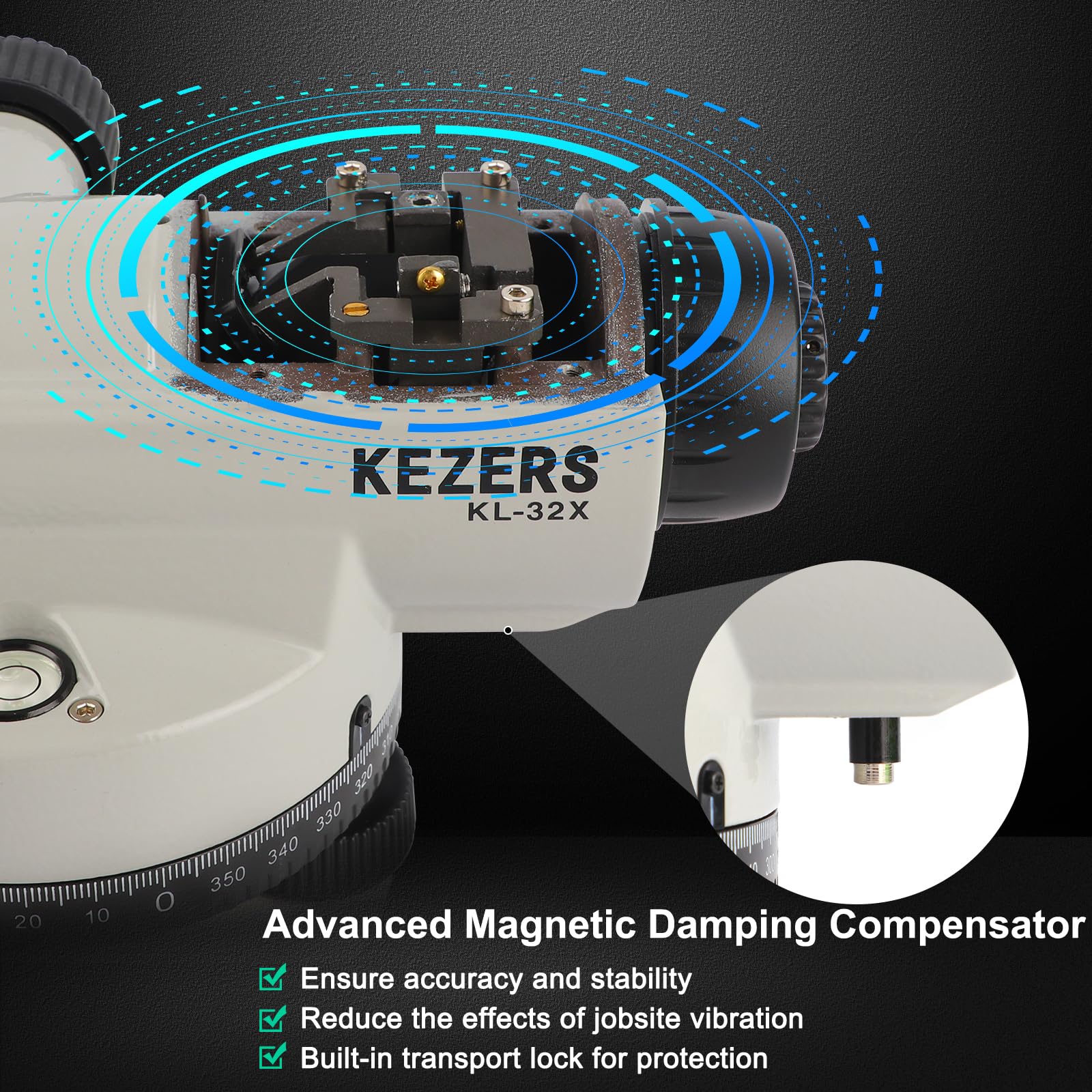 KEZERS Automatisches optisches Wasserwaagen-Set mit Stativ, selbstnivellierender, magnetischer, gedämpfter Kompensator und Transportschloss, Aluminium-Stativ, 2,7 m lange Stange, Tragetasche
