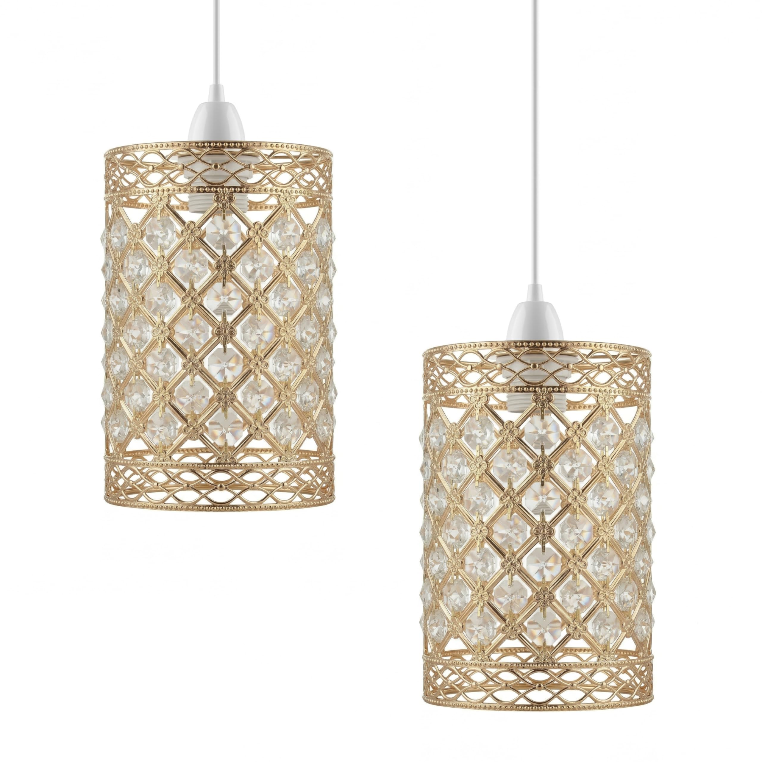 Pack of 2 Modern French Gold Light Shade with Clear Acrylic Crystals, 12 cm x 19cm, Lampshades for Ceiling Lights, Pendant Light Shade, Lamp Shades for Bedroom, Living Room, Kitchen, Hallway
