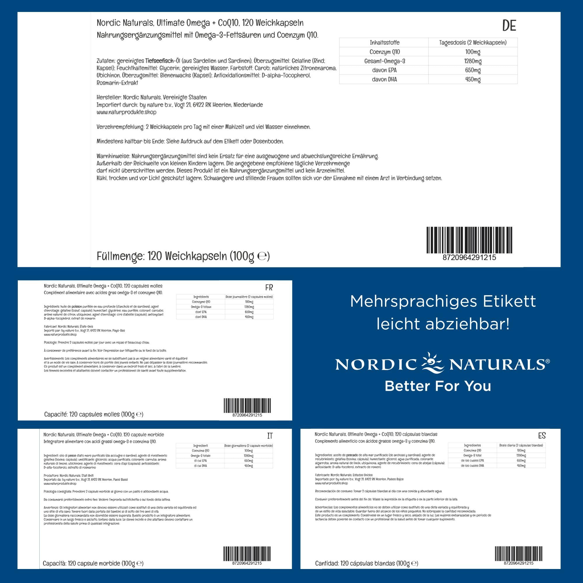 Nordic Naturals Ultimate Omega-3 + CoQ10 Nahrungsergänzung, 1280 mg Omega-3 Fischöl mit EPA, DHA und Coenzym Q10, hochdosiert, natürlich, Zitronengeschmack, 120 Softgels, sojafrei, glutenfrei