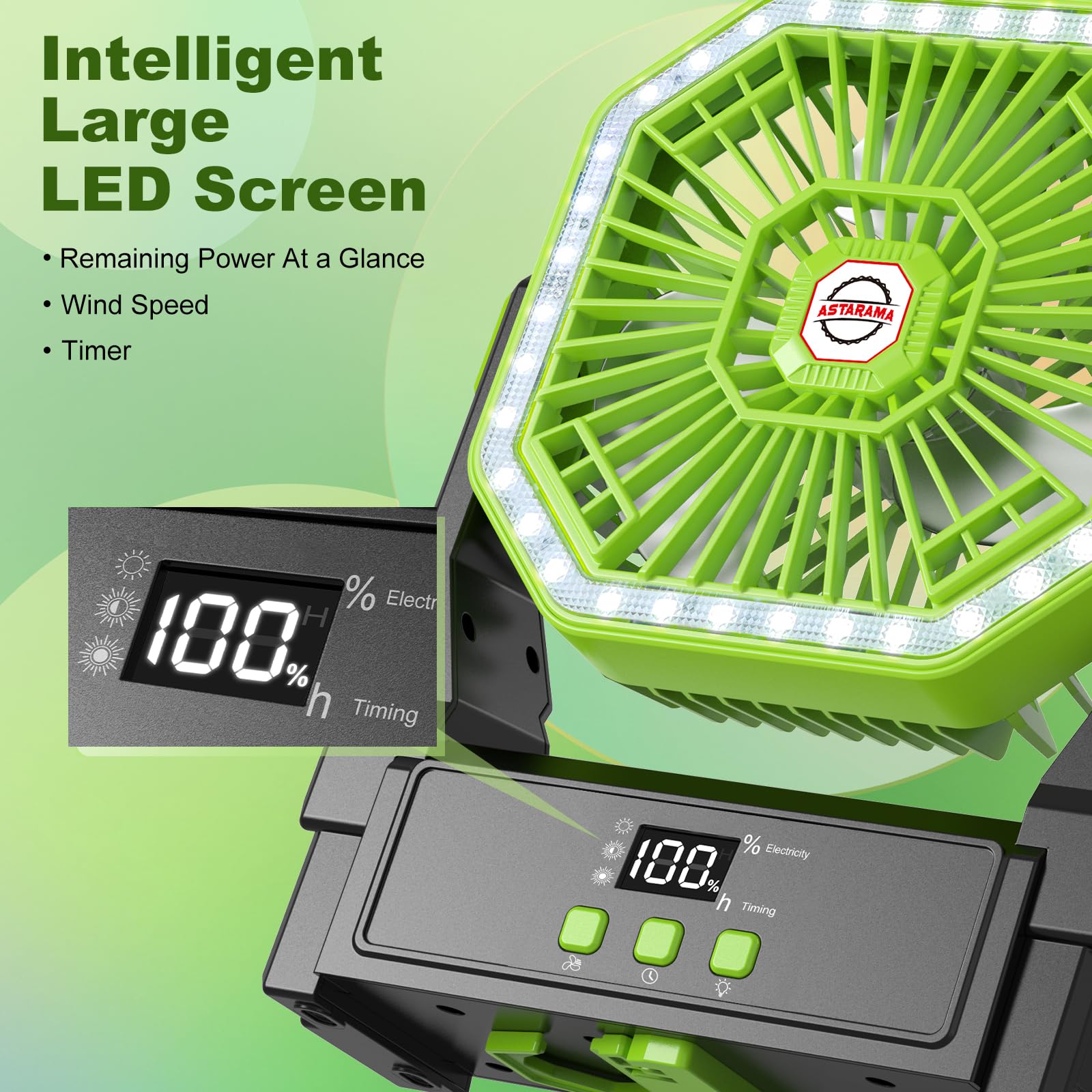 Astarama Ventilatore solare da 10000 mAh, ventilatore da campeggio con pannello solare e luce da 10 W, 4 velocità, funzionamento a batteria, con display LED, timer, gancio per appendere e regolabile a