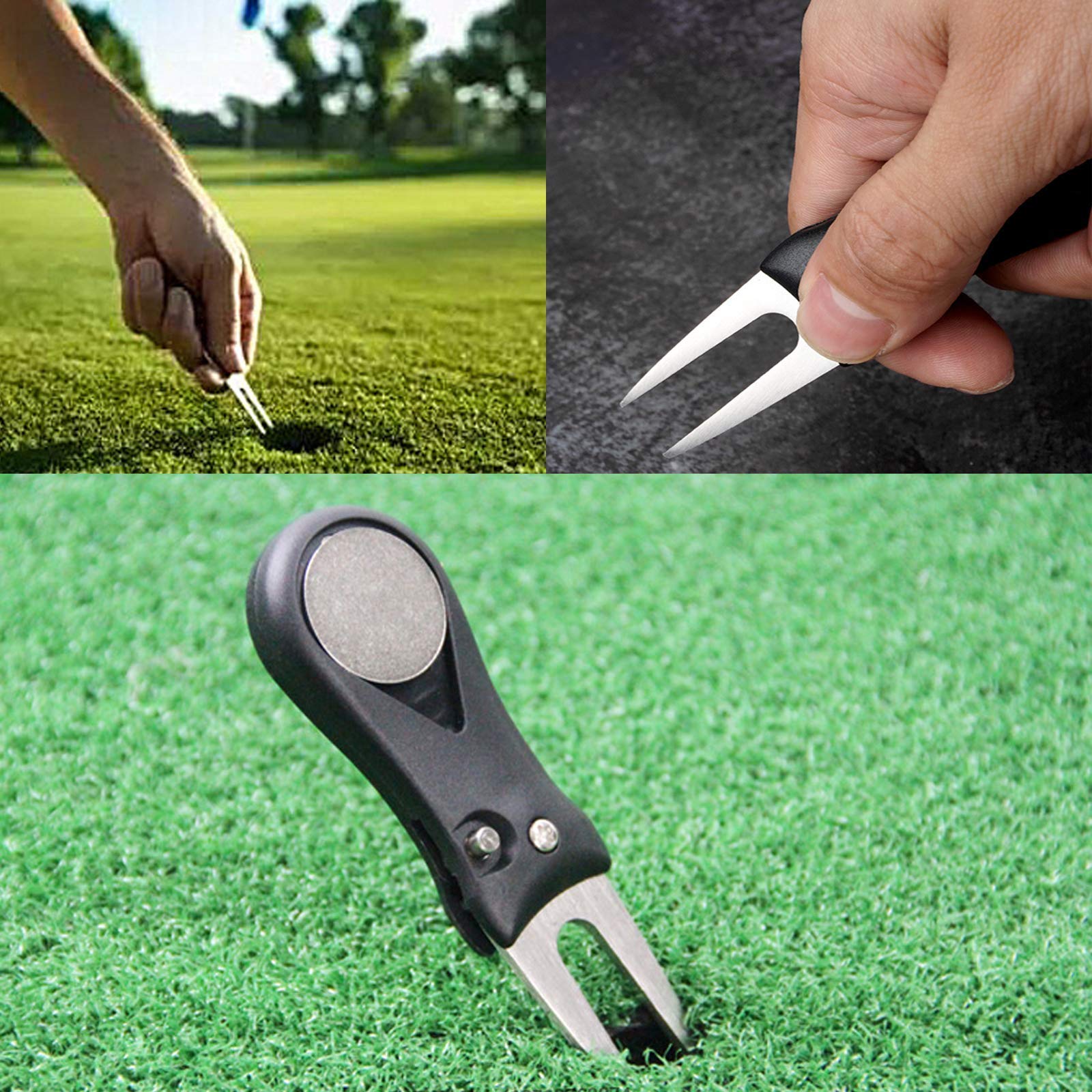 Wohlstand 2 Pz Forcelle da Golf,Strumento di Riparazione Divot da Golf,Forchetta Golf in Acciaio Inossidabile con Marcatore di Palline Magnetico,Pieghevole Forchetta da Golf per Riparazione Golfista