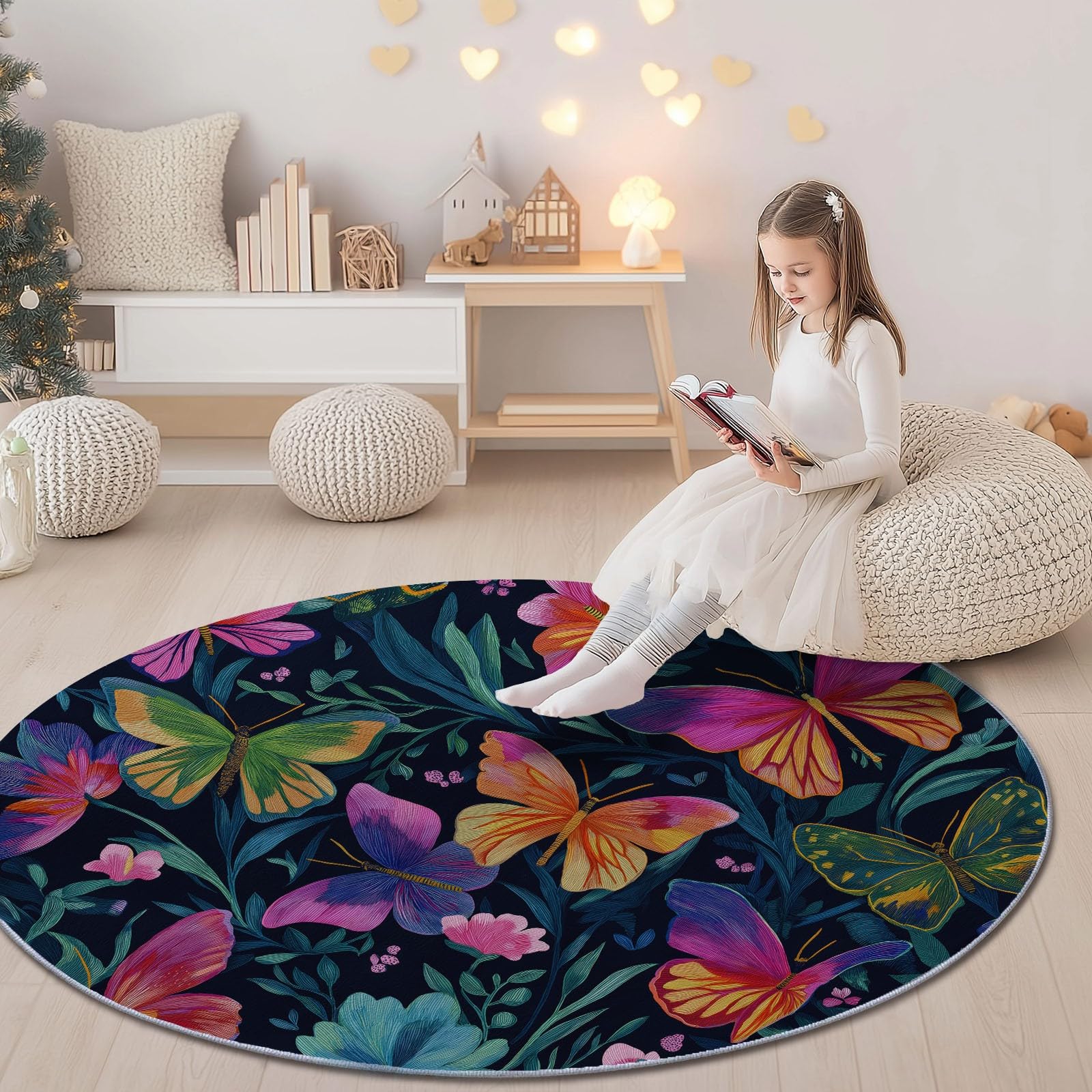 Genérico Alfombra Redonda para Comedor Botánicos Naturales Mariposas Motivo Alfombra Antideslizante Suave y esponjosa para Sala de Estar, Dormitorio, habitación Infantil, 180 cm, Vistoso