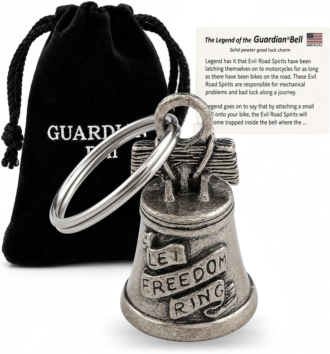 Guardian Bell Liberty Good Luck Bell w/Keyring & Black Velvet Gift Bag | Motorcycle Bell | Lead-Free Pewter | Made in USA