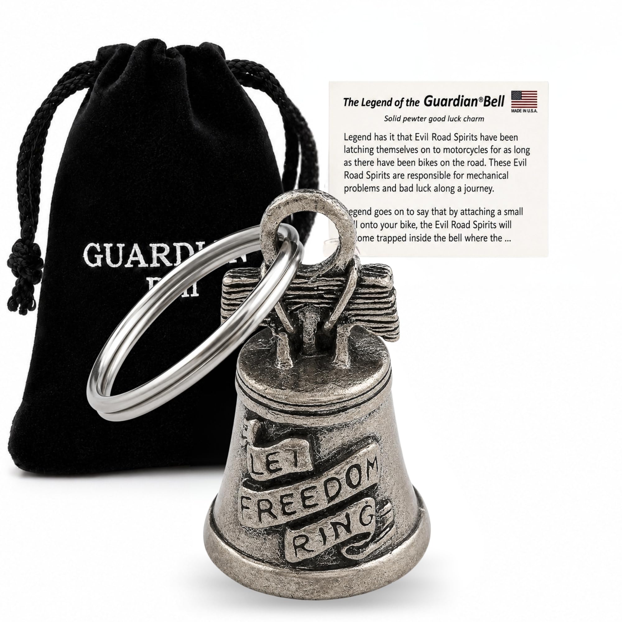 Guardian Bell Liberty Good Luck Bell w/Keyring &amp; Black Velvet Gift Bag | Motorcycle Bell | Lead-Free Pewter | Made in USA