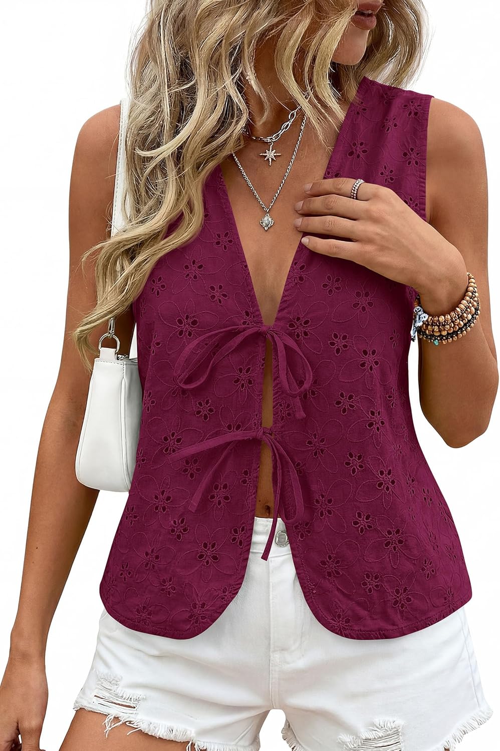 PRETTYGARDEN Women 2026 Summer Tie Front Eyelet Tank Tops Trendy Floral Vest Sleeveless V Neck Dressy Blouse Vacation Outfits - Image 5