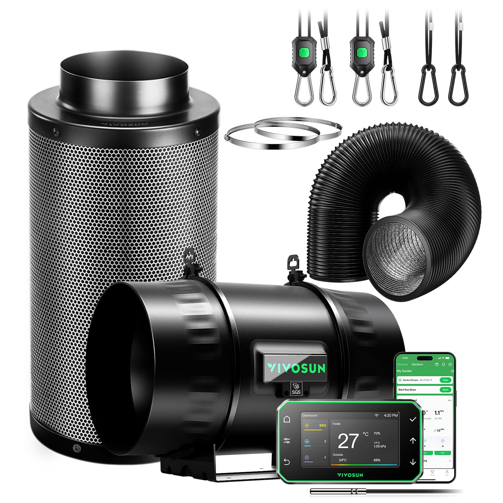 VIVOSUN Kit Estrazione Ventilatore da Condotto 200mm AeroZesh T8 Pro con GrowHub E42A+ Controllo VPD Temperatura Umidità, Connessione APP Filtro a Carbone Attivo per Tende Coltivazione Idroponica