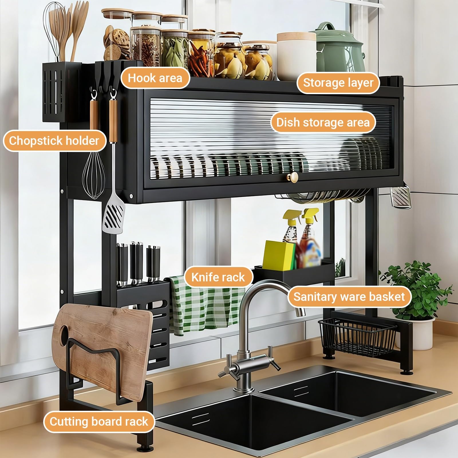 Escurridor de platos sobre el fregadero, estante grande de metal para ahorrar espacio con cubierta para platos, vasos, cuencos y cubiertos