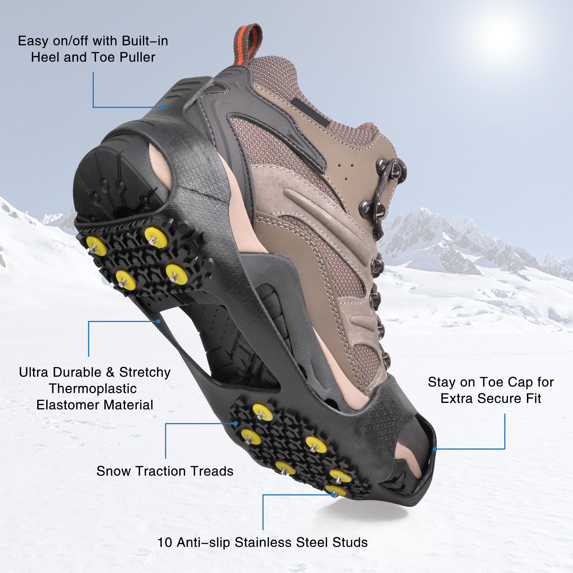 Snow Cleats for Shoes & Boots - Non Slip Overshoes for Walking on Snow & Ice - Rubber Crampons with 10-Stud Ice Cleats - Slip-on Stretch Footwear for Kids, Women & Men - Medium