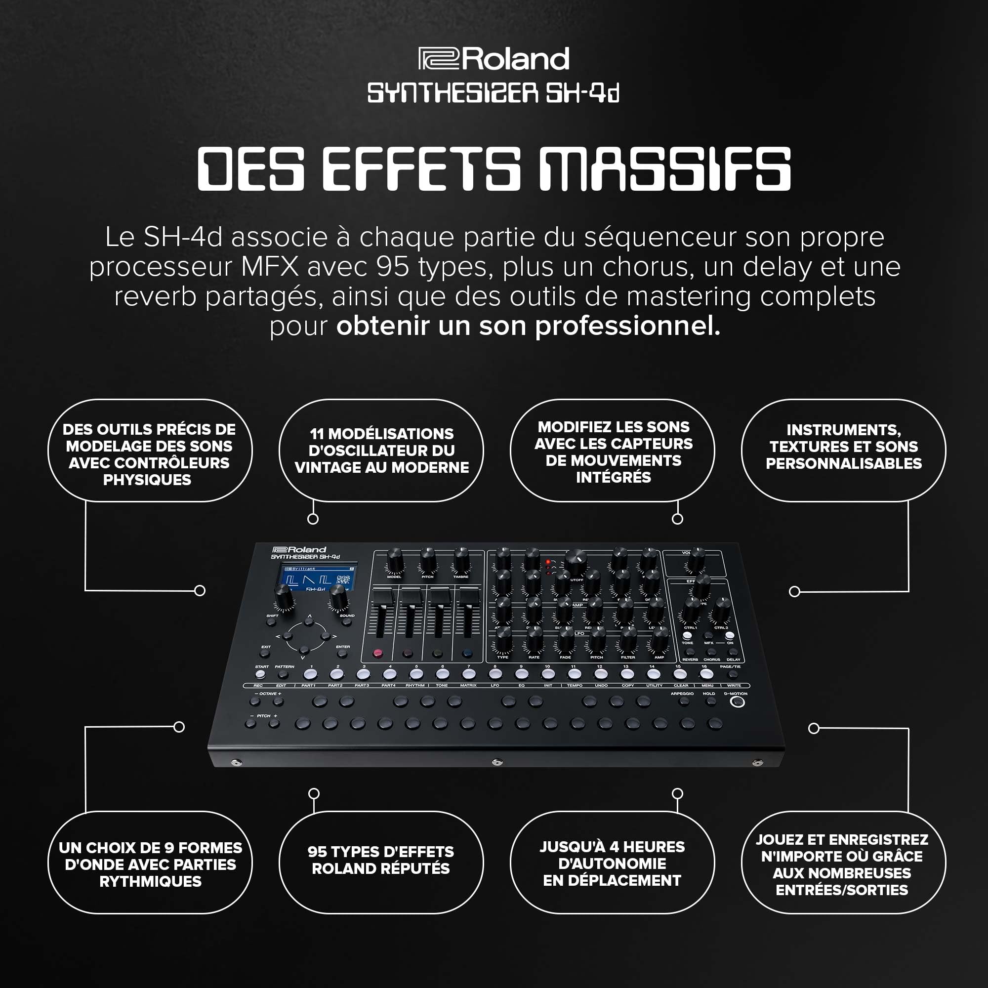 Module synthétiseur compact SH-4d Roland | 11 modélisations OSC | Des outils de conception sonore professionnels | De nombreux boutons physiques | Un séquenceur par pattern multitimbral