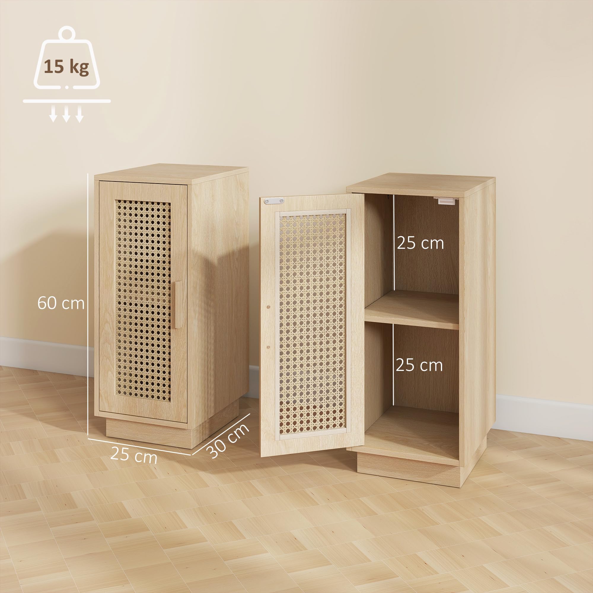 HOMCOM Lot de 2 Tables de Chevet, Tables de Nuit, Bois Naturel | Étagère Réglable, Porte en Résine Tressée, Style Bohème, Chambre à Coucher, Salon
