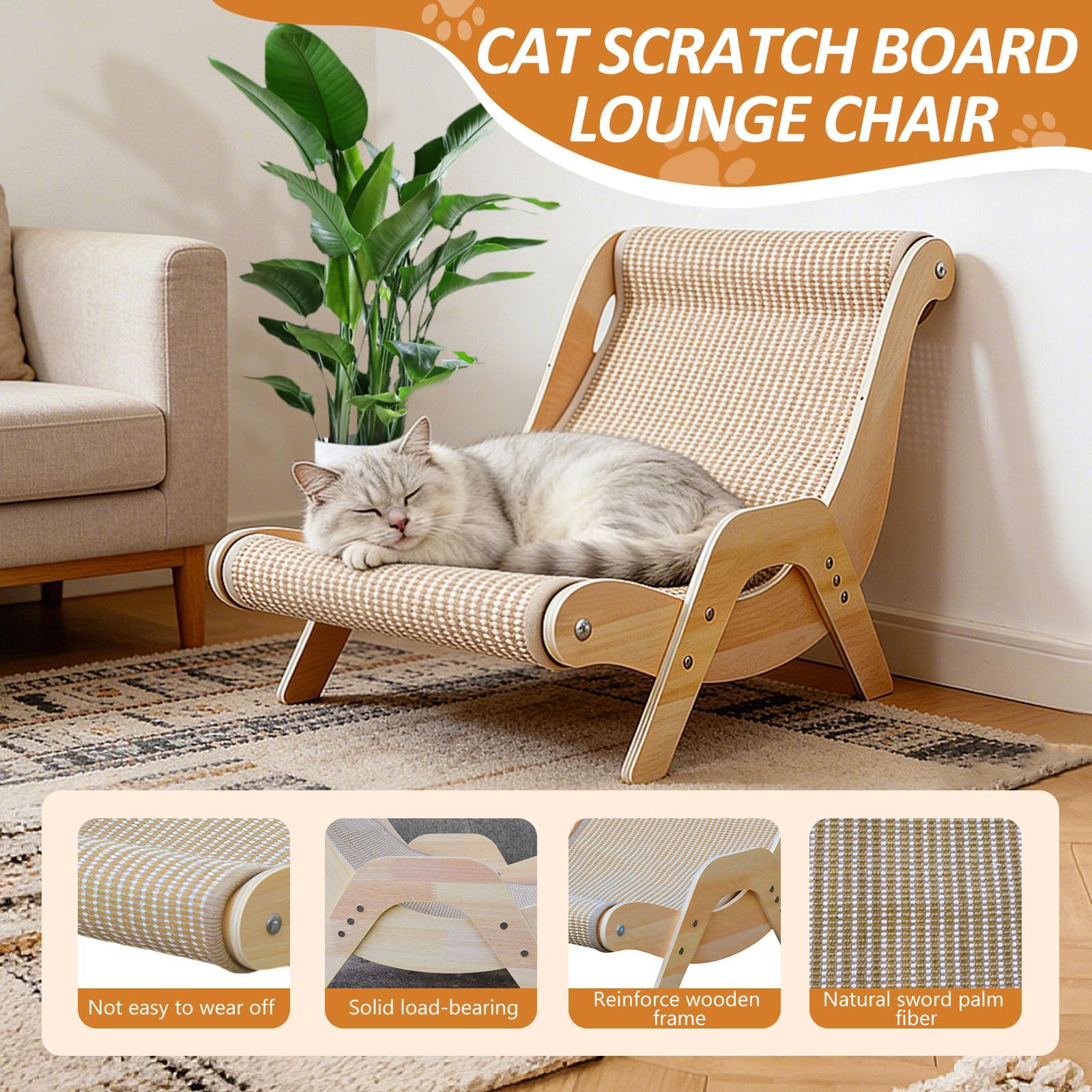 TTG Extra Large Cat Scratching Lounge - Heavy-Duty Solid Wood Cat Scratcher Bed for Indoor Cats - Ergonomic Curved Cat Chair with Durable Natural Sisal - Modern Furniture Protector, XL Size - 2