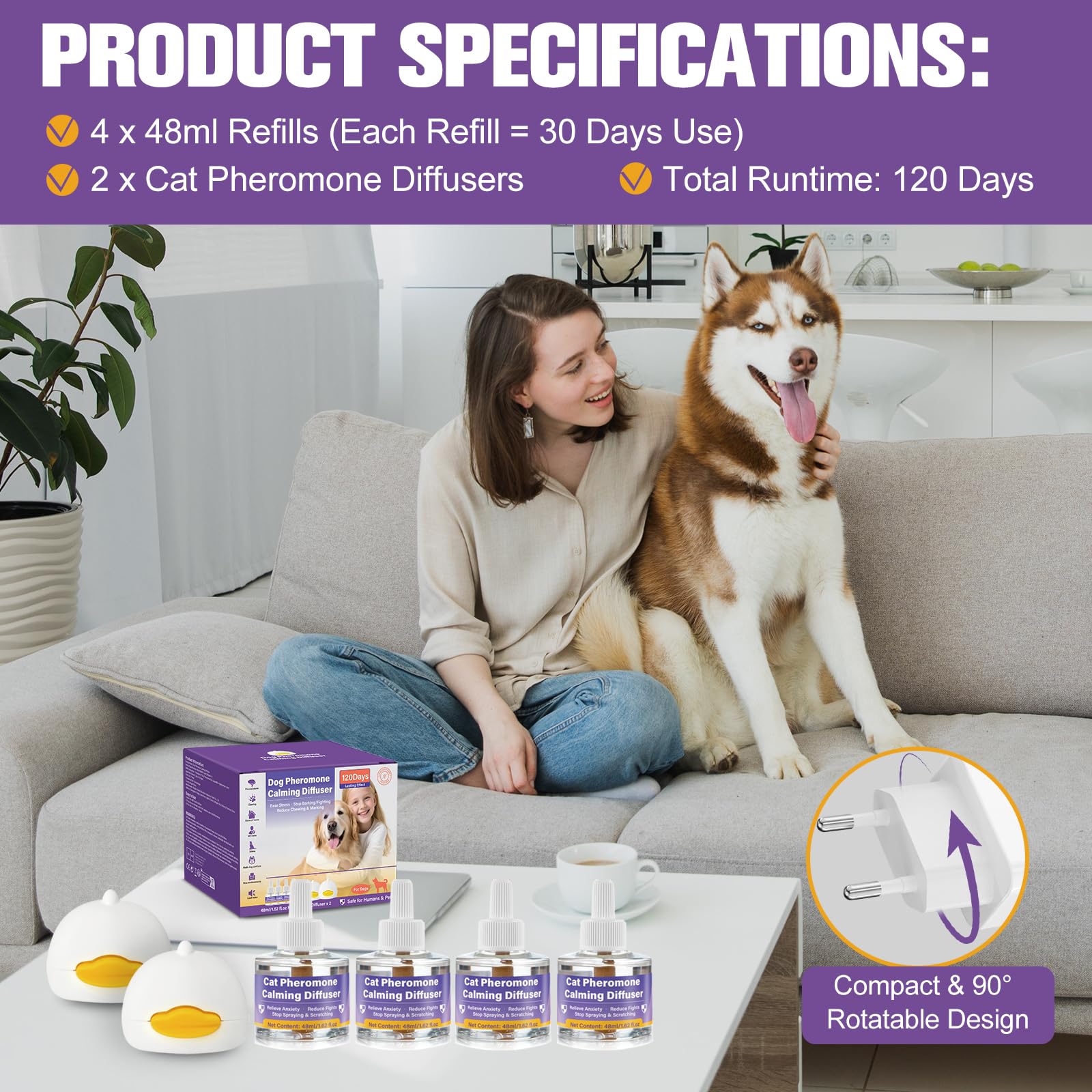 SLE Pheromones Chien Anti Stress Résout Les problèmes de marquage urinaire, Stoppe Aboiements/Mâchonnage/Marquage, Calmant Apaisant Prise Phéromones (2 Diffuseur+4 Recharges)