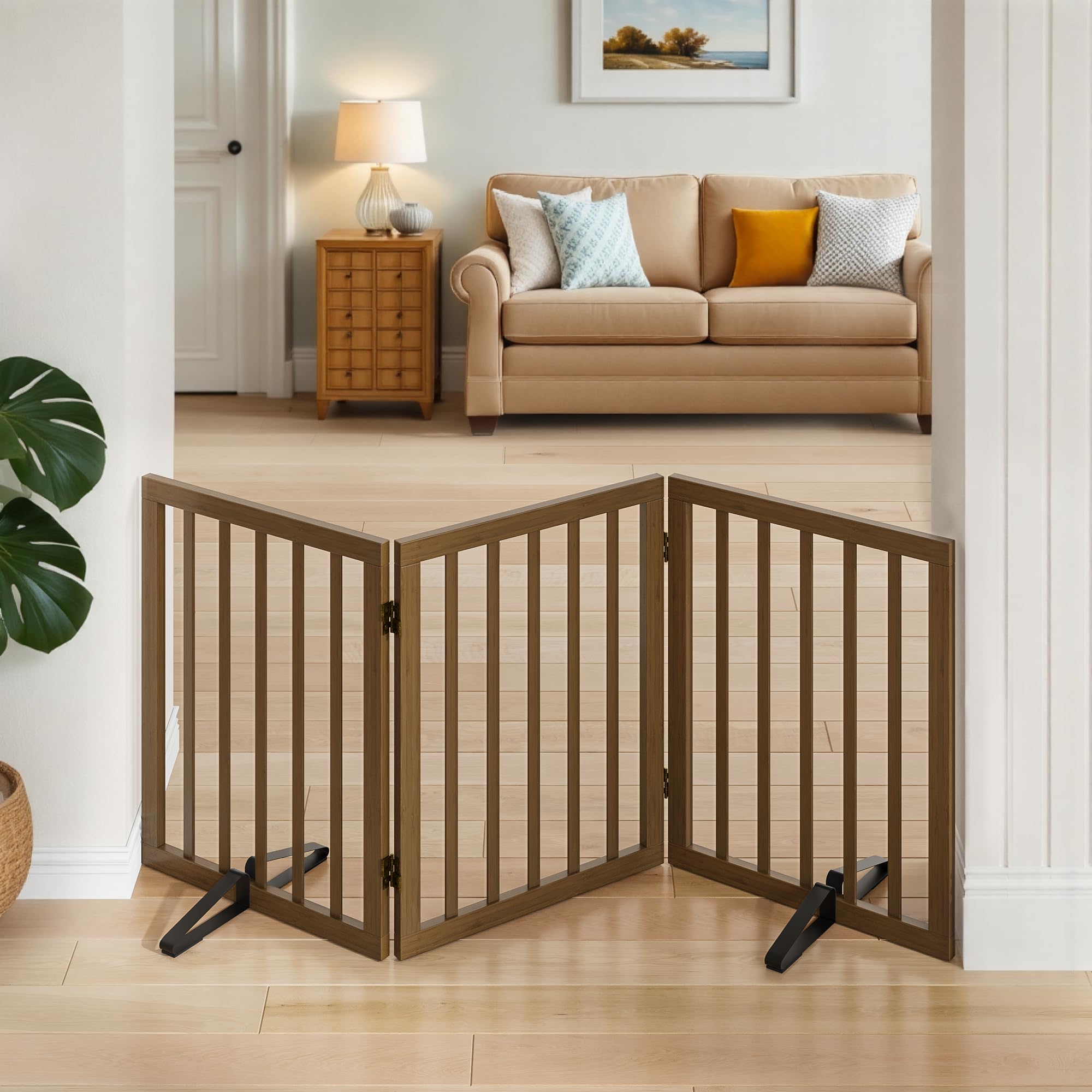Freestanding Pet Gate Foldable Dog Gate,Walnut Bamboo Dog Gates for Stairs Doorways House Indoor (2 Support Feet Included) — view 34