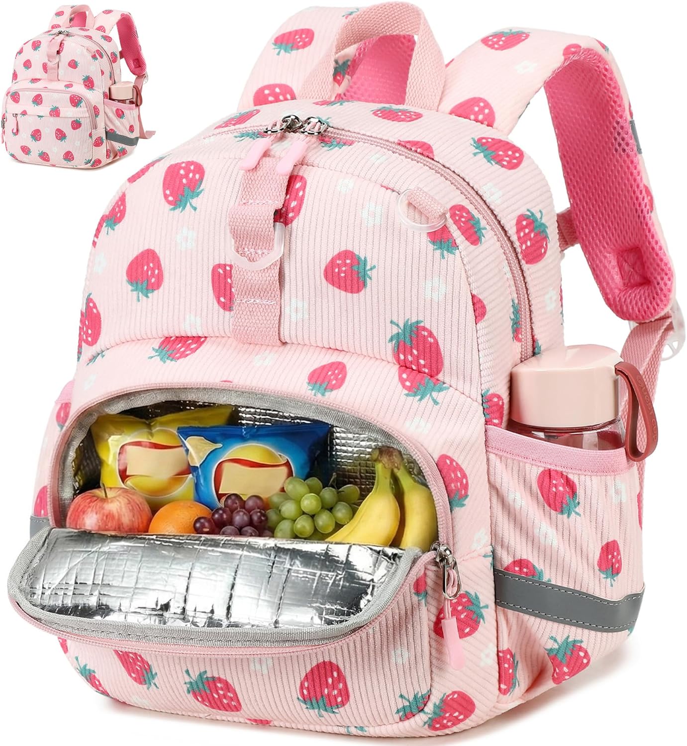 LOIDOU Toddler Backpack for Girls, Mini Preschool Backpack for Kids 2-4, kids travel backpack Small Diaper Daycare Bag (Pink- strawberry & flowers, 12"-not Fit A4 Folder)