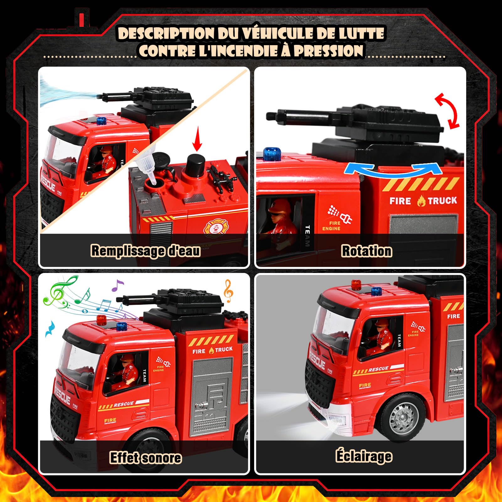 2 Camion Pompier Enfant, Voiture Pompiers Telecommandé avec Pulvérisation d'eau Lumière, Échelle Pivotante, Son Fonction et Pompiers, 2,4GHz Camion Pompier Enfant de 6-12 Ans