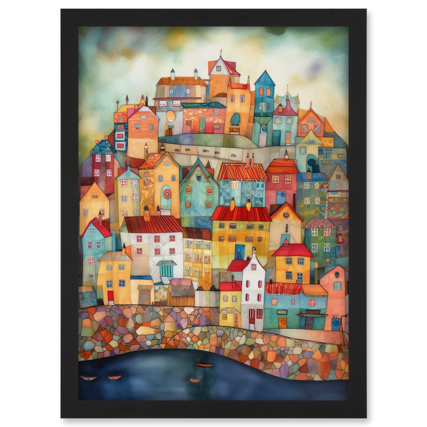 Artery8 Home By The Sea Folk Art Artwork Framed A3 Wall Art Print