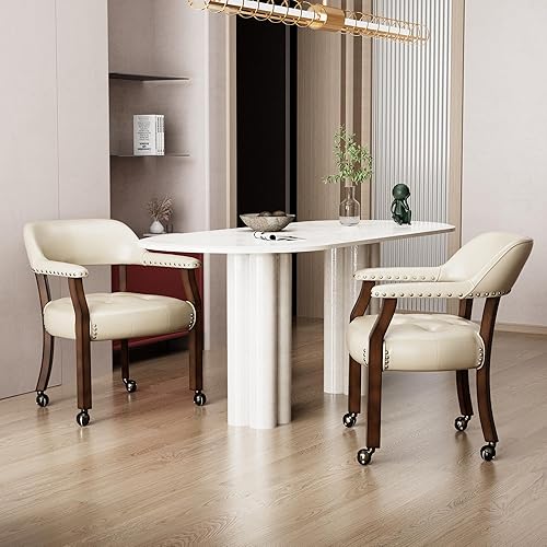 Miniatura 43 de Juego de 4 sillas de cuero de comedor con ruedas y brazos, silla de capitán Accent con ruedas, sillas de madera con ruedas enrollables para cocina y