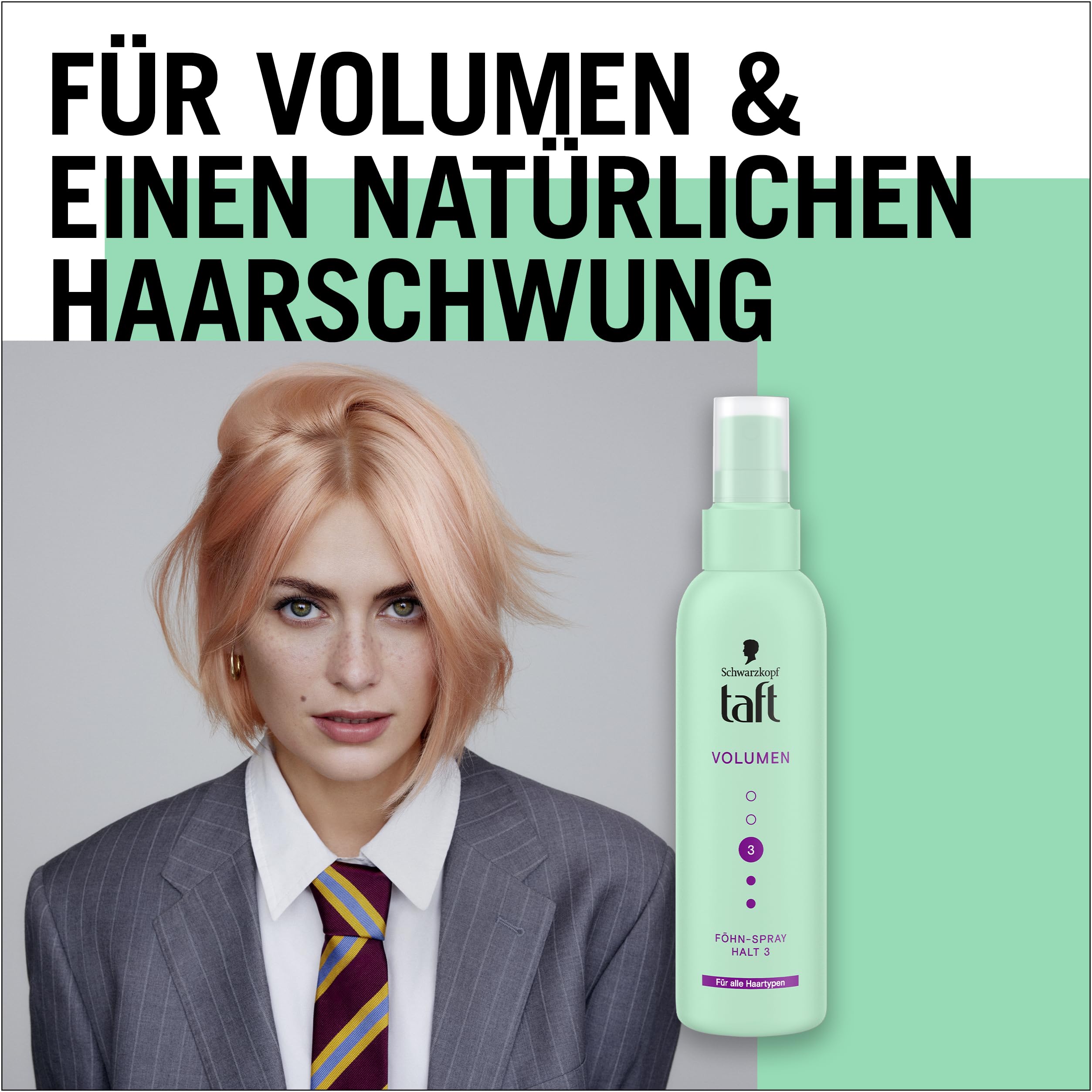 Schwarzkopf Taft spray do suszarki do włosów, pojemność (150 ml), stopień utrzymania 3, spray do suszarki do włosów do wszystkich rodzajów włosów, spray objętościowy, wegańska formuła *