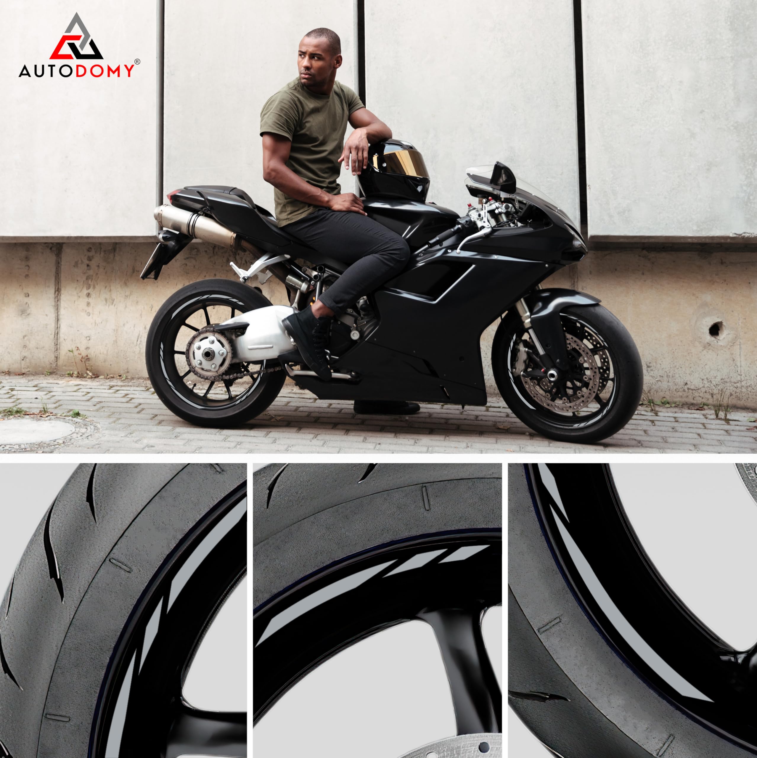 Autodomy Naklejki na Felgi Motocyklowe | Pełny Zestaw na 2 Felgi od 15" do 19" Cal | Odporne na Deszcz, Słońce, Tłuszcz i Olej | Sportowy Design (Srebrny)