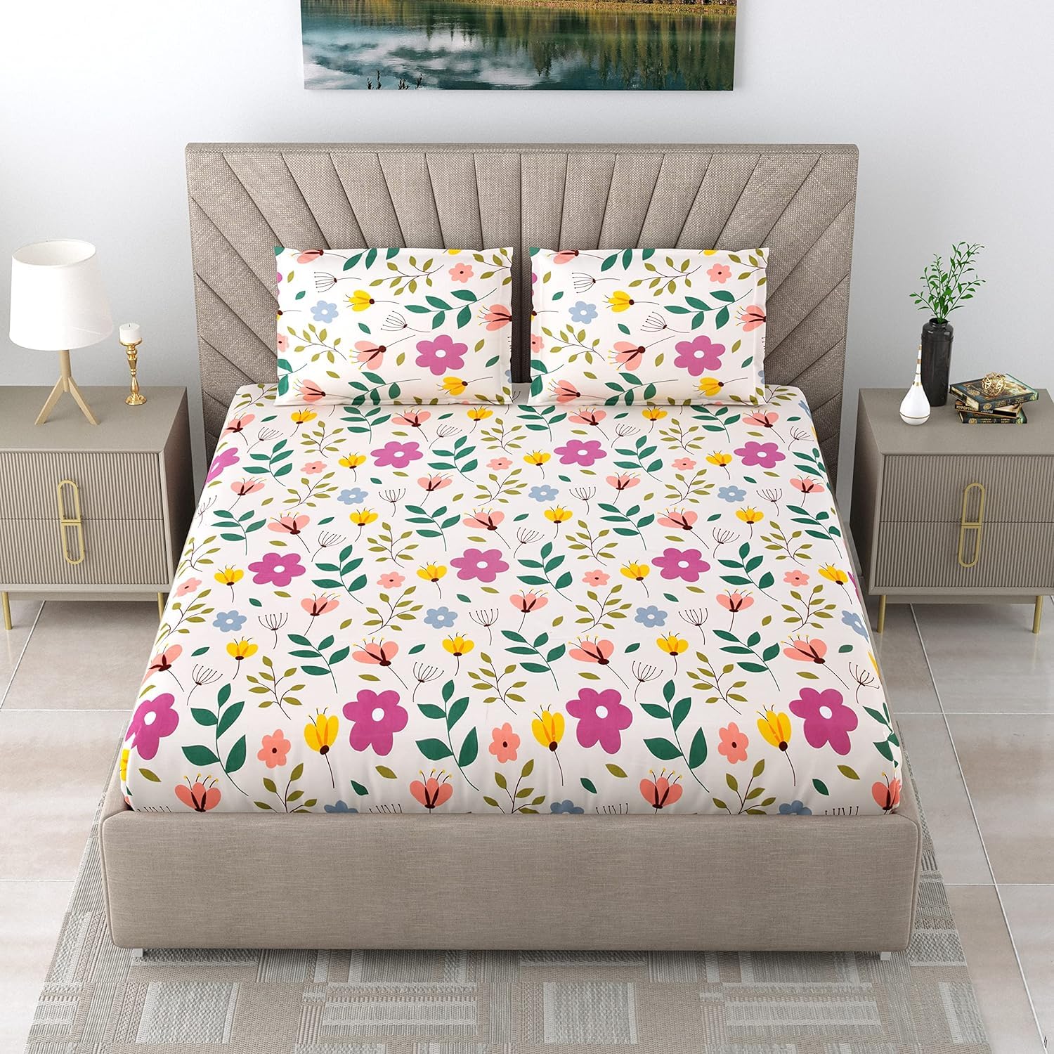 DECOMIZER Cotton Feel Glace Cotton Elastic Fitted Printed King Size Double Bed Bedsheet With 2 Pillow Coverm Fits Upto 10 To 12 Inches Mattress,Size- 72X78X14 Inches,Yellow Flowers, 300 Tc