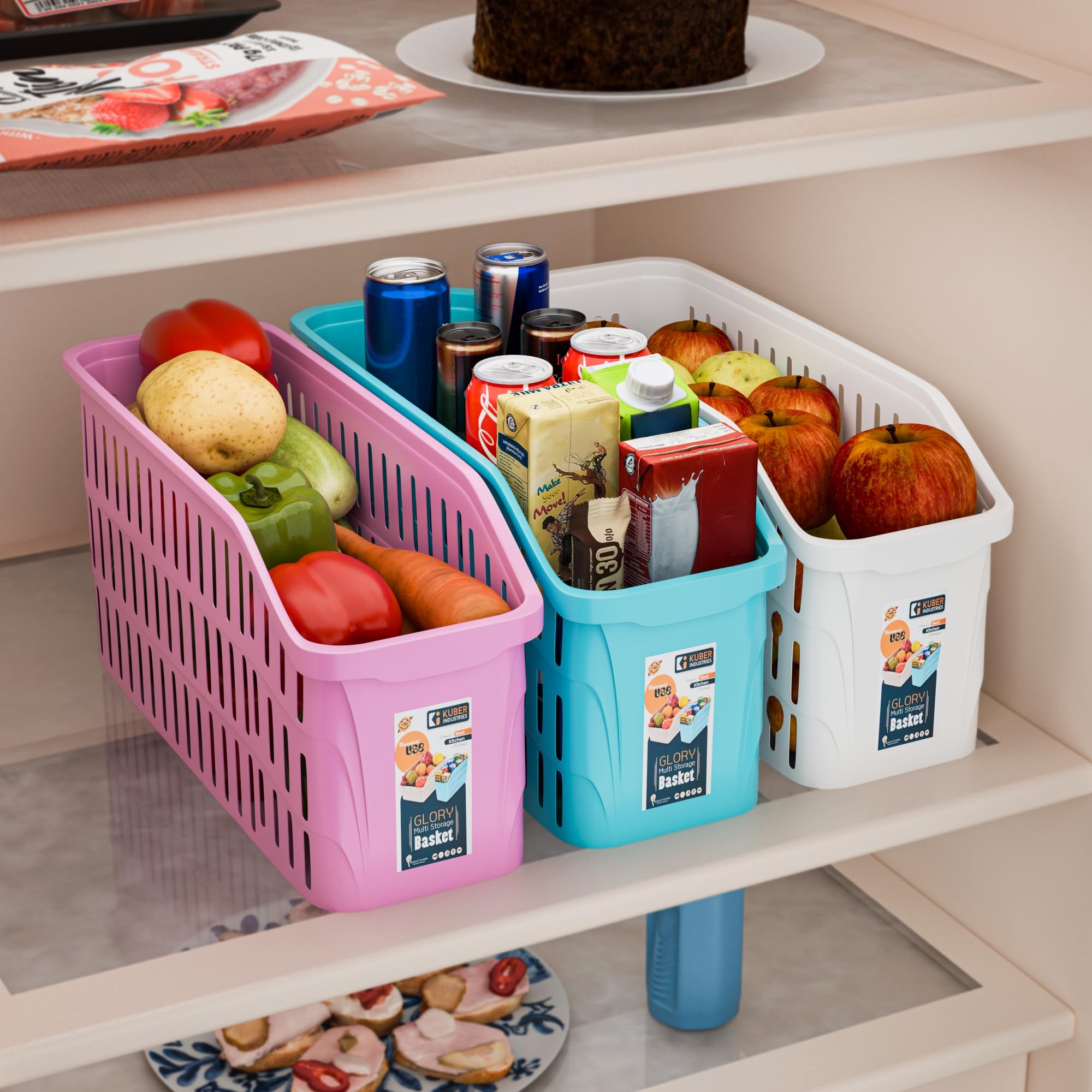 Kuber Industries 4000 ML Set of 3 Bpa Free Plastic Easy Pull Out Fridge Basket for Vegetables and Fruits | Multipurpose Storage Tray for Kitchen | White, Pink & Skyblue, 30 x 12 x 17 Centimeters