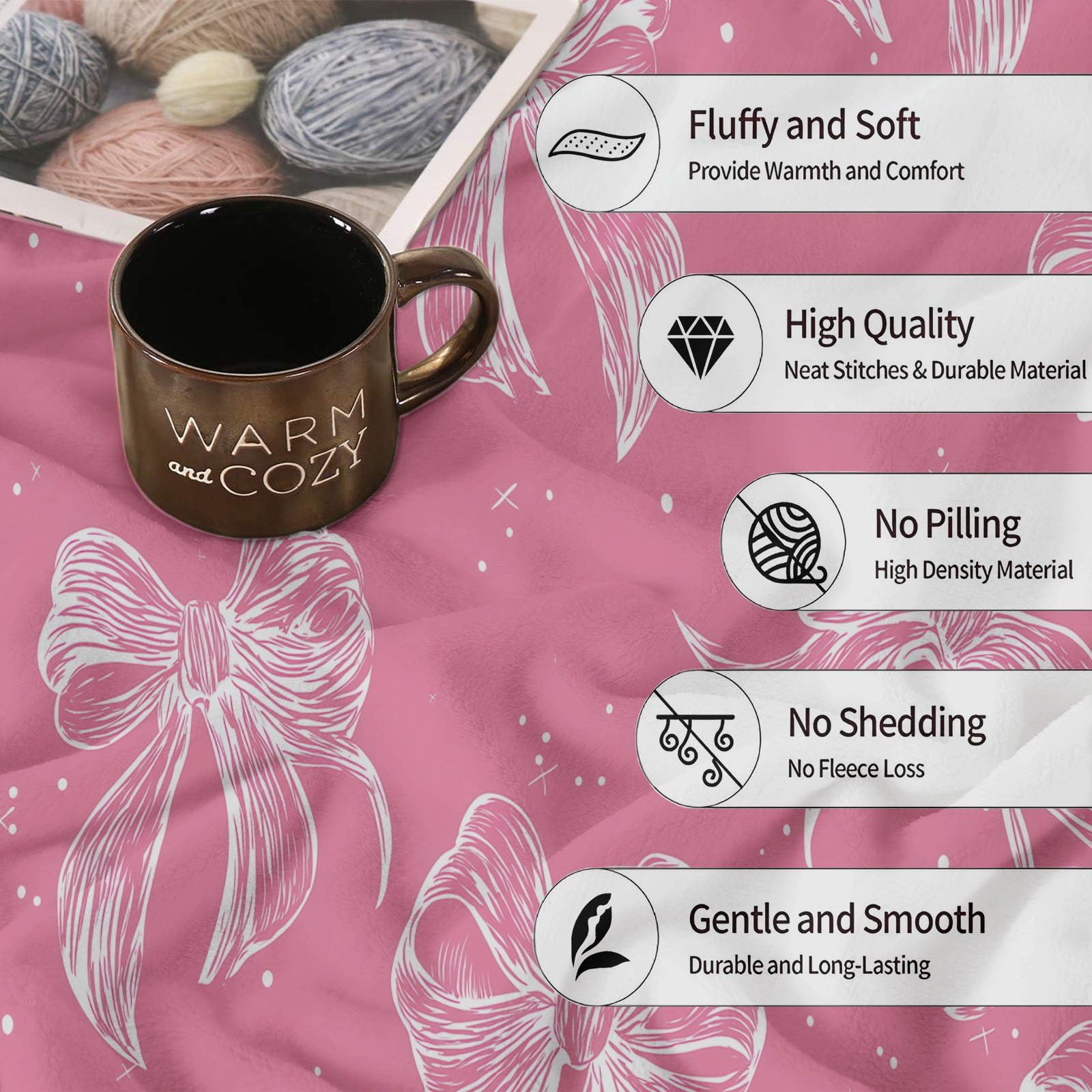 Vintage Rustikal Kuscheldecke Schleifen Sterne Mond Decke Tagesdecke Wohndecke Rosa, Couchdecke Weich Warm Flauschig, Sofa Decke für Reisen Zelten Outdoor, 150 x 200 cm