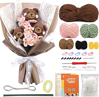 Crochet Kit, Crochet Kit for Beginners, Crochet Bouquet Kit, Beginner Crochet Kit for Adults, Crochet Starter Kits with Yarn, Animal Knitting Kit with Detailed Tutorials and Videos.【Brown Bear】