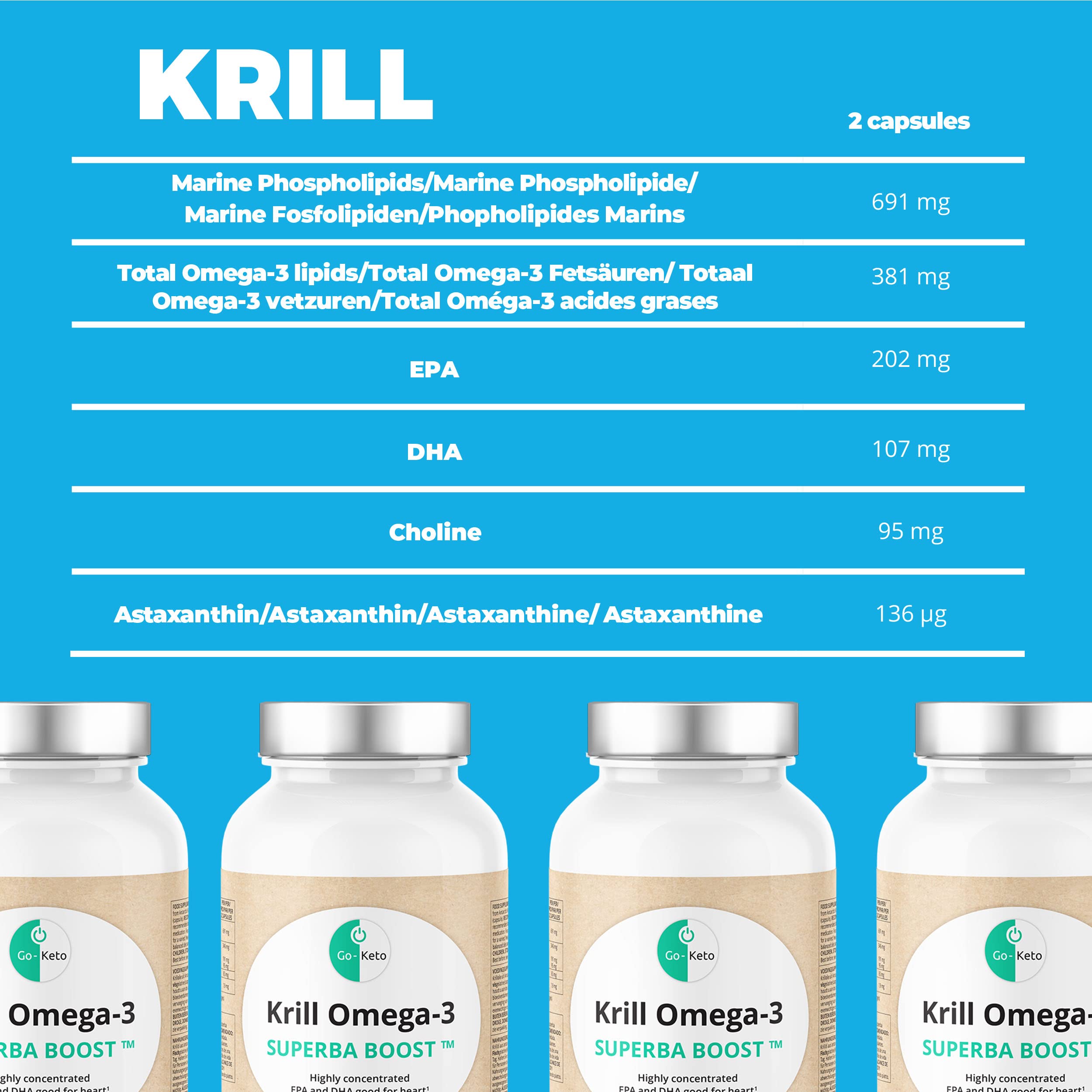 Go-Keto Krill Oil Omega 3 SUPERBA BOOST® | 90 capsules de 596 mg d'huile de krill premium | concentration très élevée d'EPA et de DHA, avec choline | Fabriqué en Allemagne | certifié MSC