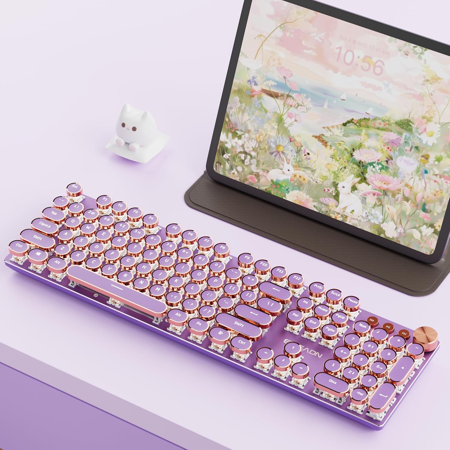 EWEADN V20 Typewriter Keyboard Wireless, 104 Keys Typewriter Style Mechanical with White Backlit, Media Knob, Pink Switch 2.4G/Bluetooth/USB-C Wired Retro Full Size Keyboard for Windows/Mac/PC-Purple