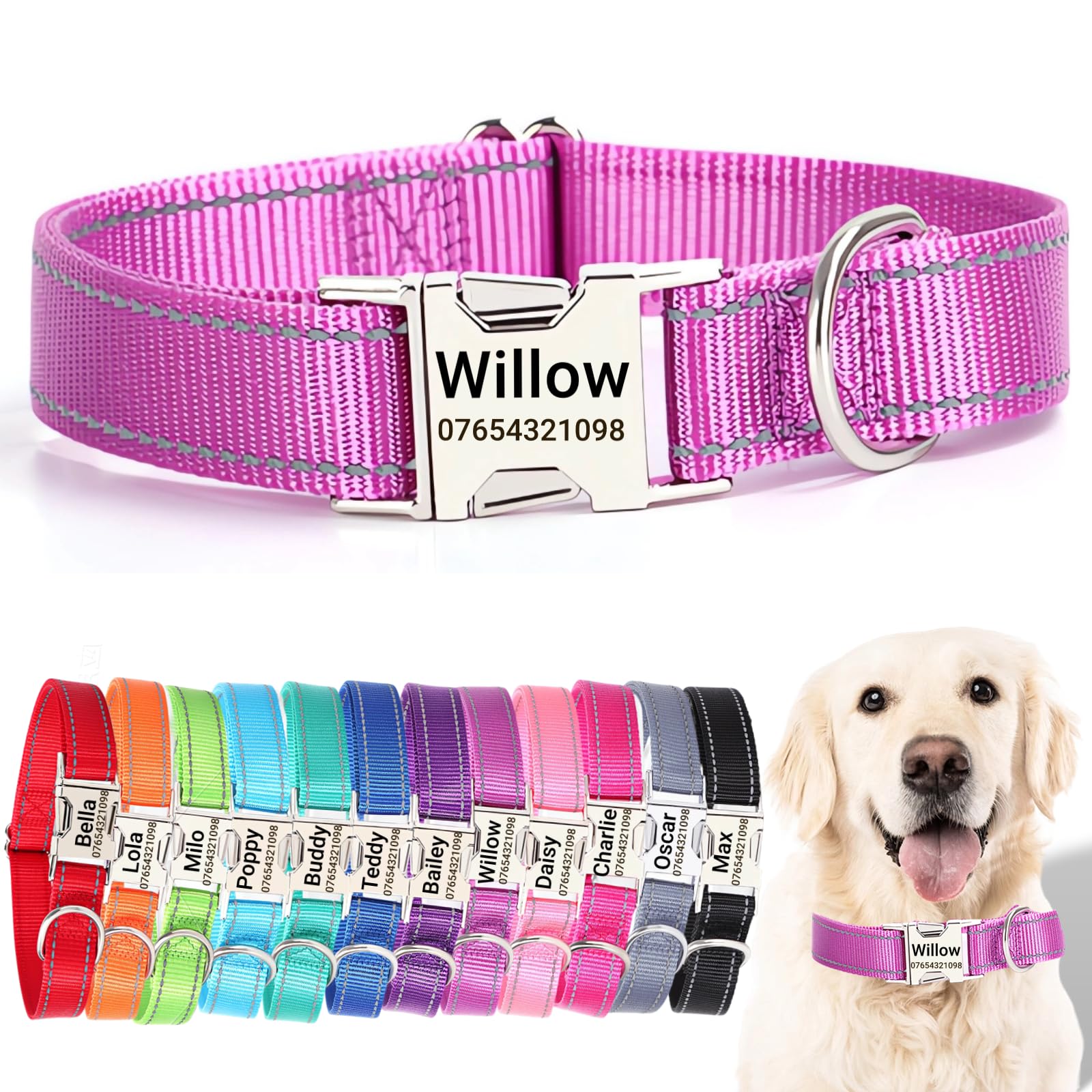 SEOUGEE Personalised Dog Collar with Engraved Metal Buckle, Reflective Nylon Collars for Small Medium Large Dogs with Custom Name Plate Phone Number (Purple, S:Neck 30-40cm,Width 1.5cm) — image 1