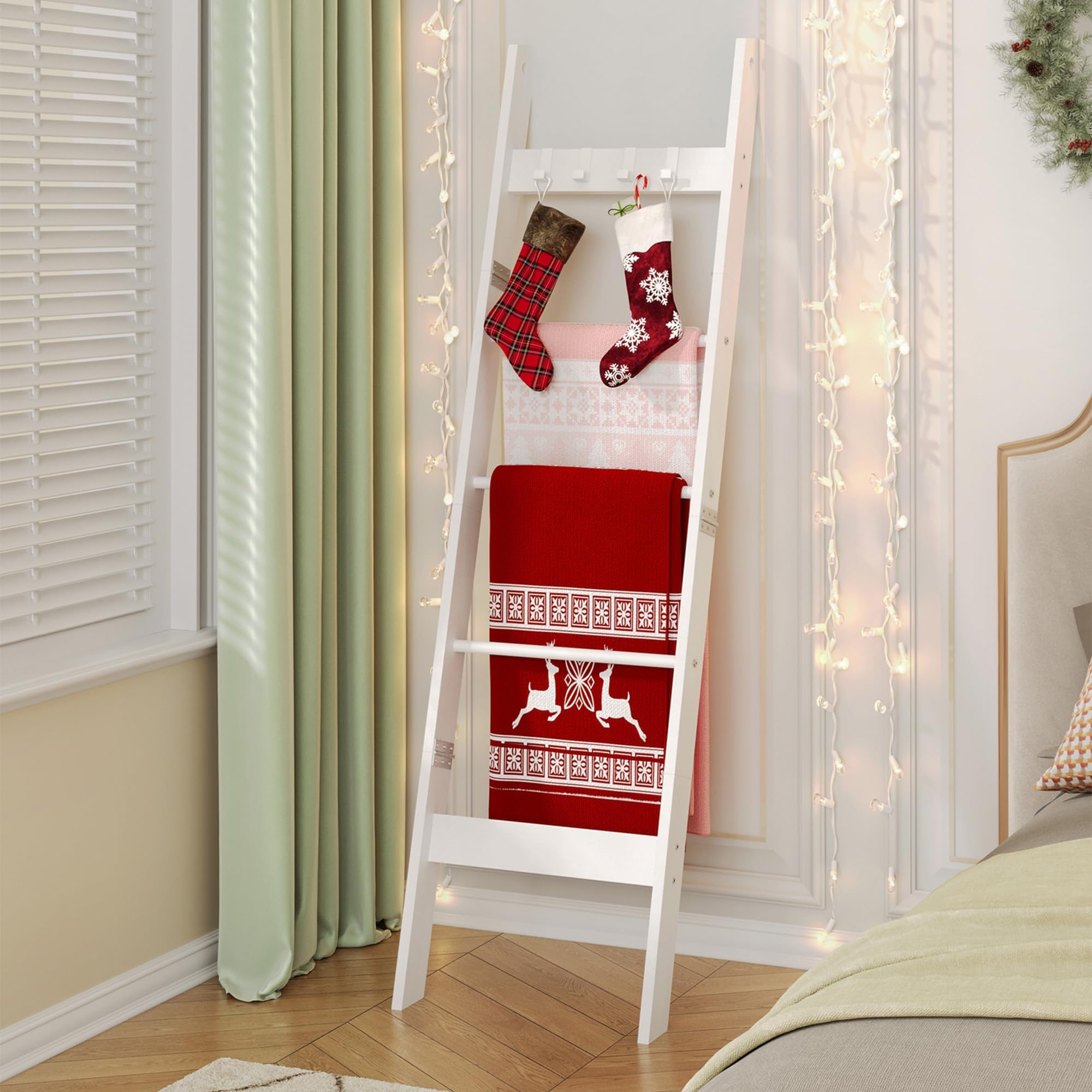 Blanket Ladder Shelf for Living Room, Decorative Quilt Rack with 4 Removable Hooks, 5-Tier Farmhouse Ladder Holder Organizer for Bedroom, Rustic White BR02114W