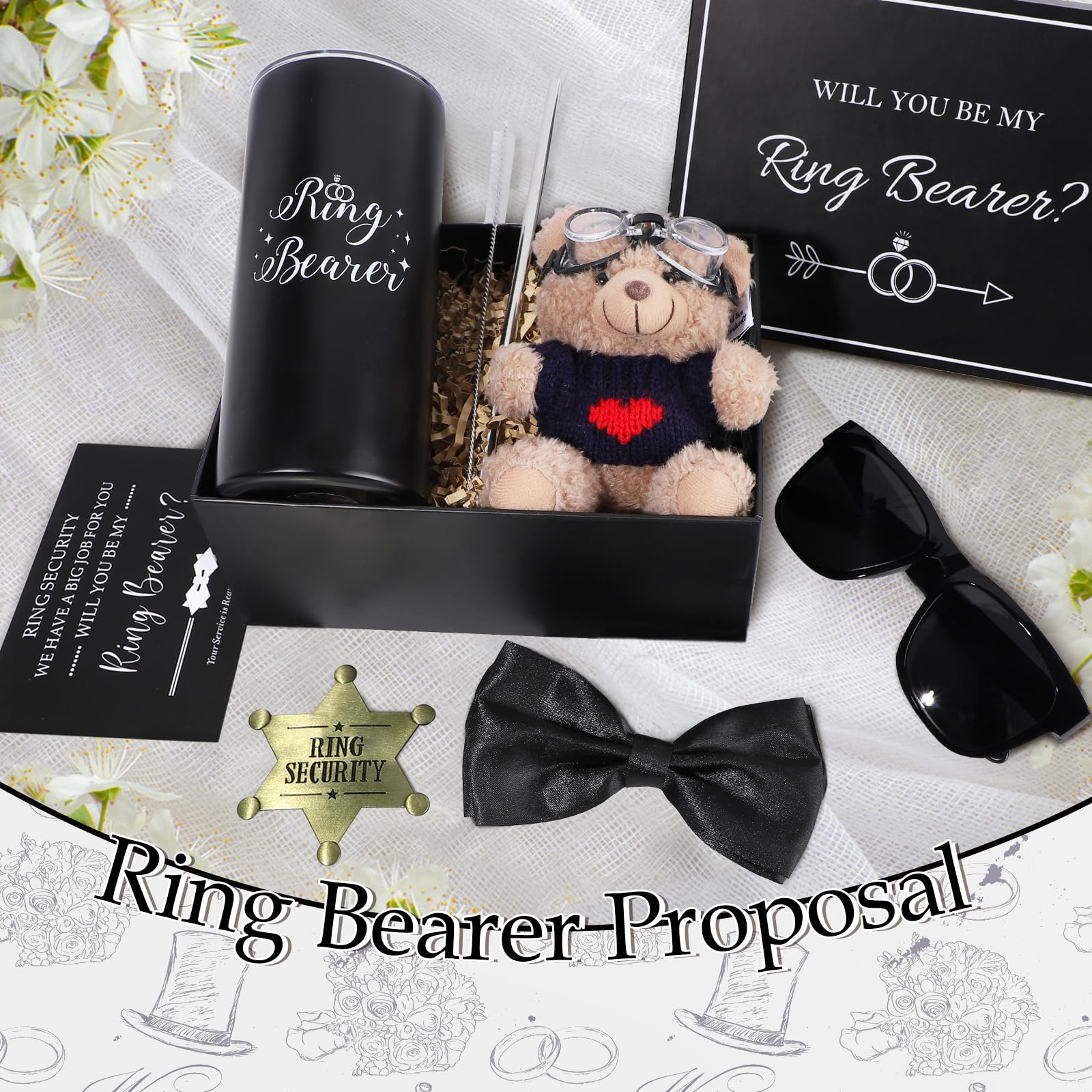 6Pcs Wedding Ring Bearer Gifts Set Wedding Party Favors Include 14 oz Ring Bearer Tumbler with Straw, Will You Be My Ring Bearer Proposal Card, Ring Bearer Sunglasses, Bear, Tie, Ring Security Badges