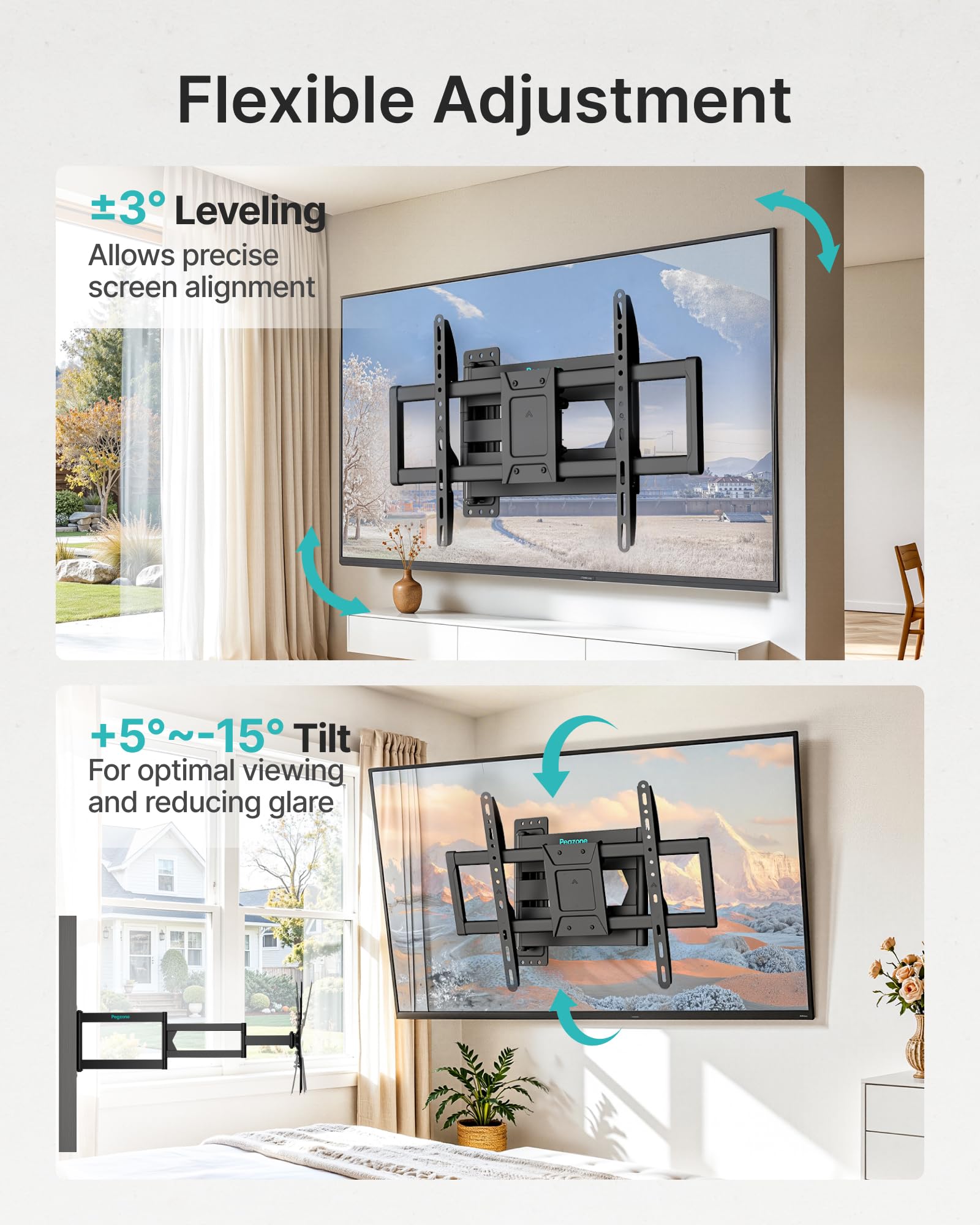 PEGZONE Support TV Mural Bras Long 85-975 mm 37-86", jusqu'à 50 kg | Support mural TV orientable et inclinable, VESA max. 400x400, gestion des câbles, compatible TV LED, LCD et OLED